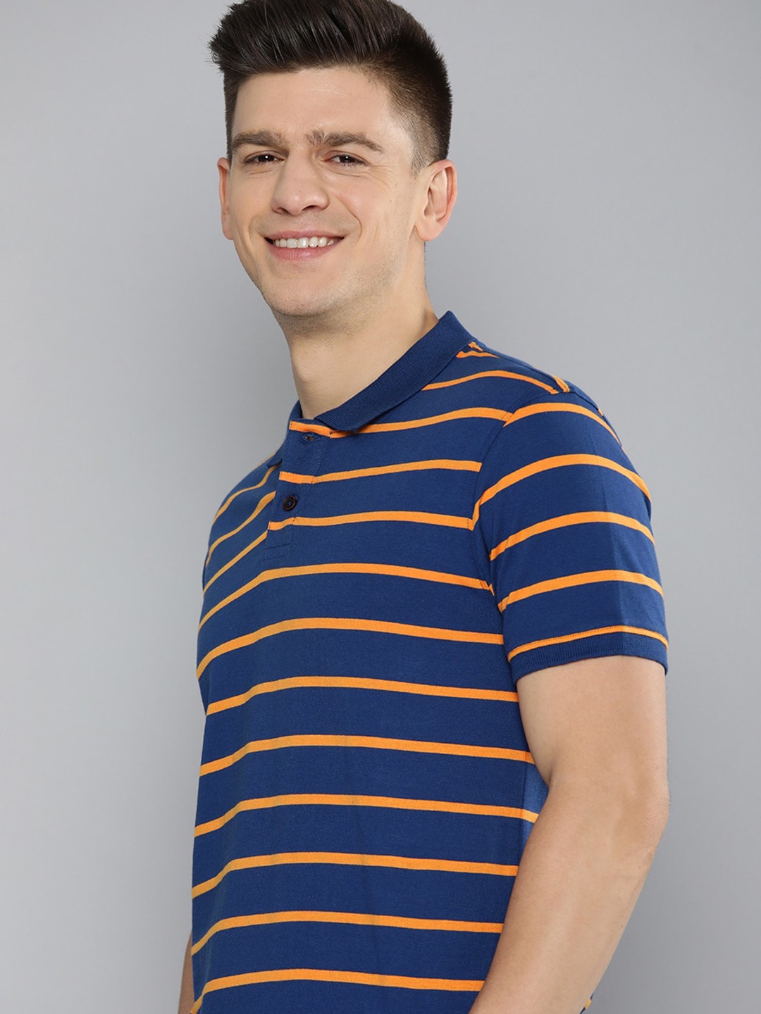 

Mast & Harbour Men Navy Blue & Mustard Yellow Striped Polo Collar T-shirt