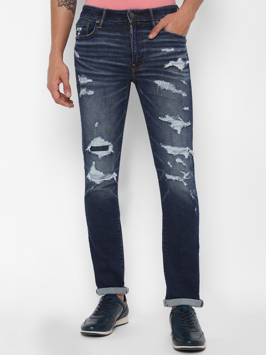 

AMERICAN EAGLE OUTFITTERS Men Blue Highly Distressed Light Fade Jeans