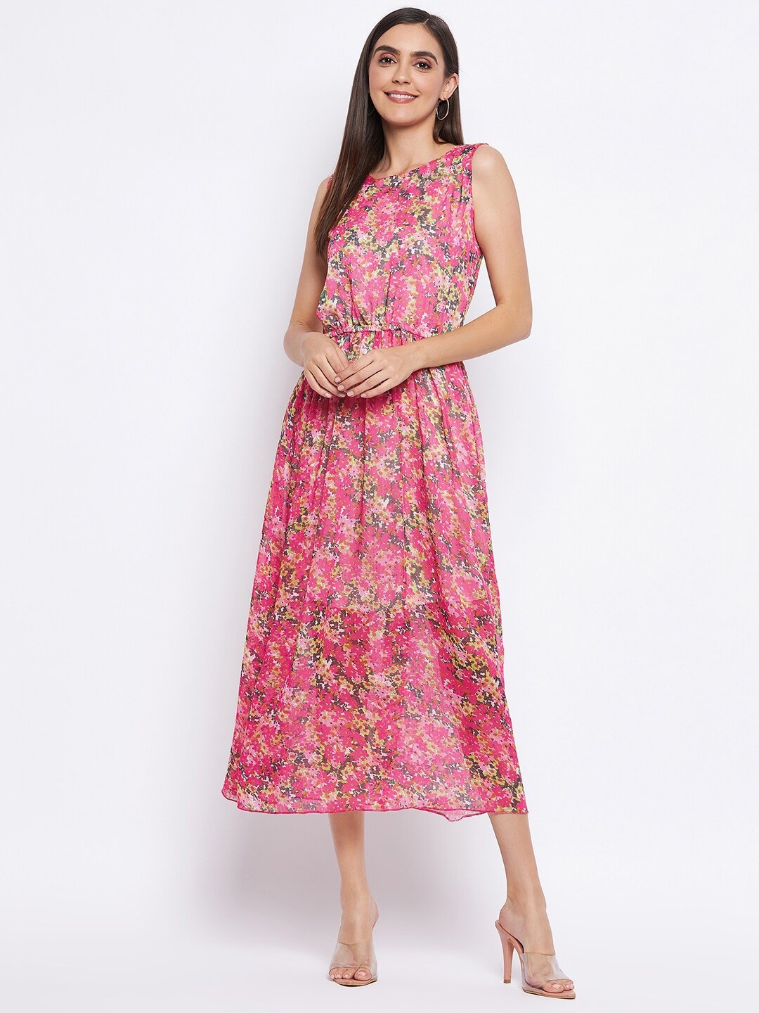 

Camey Red & Green Floral Georgette A-Line Midi Dress