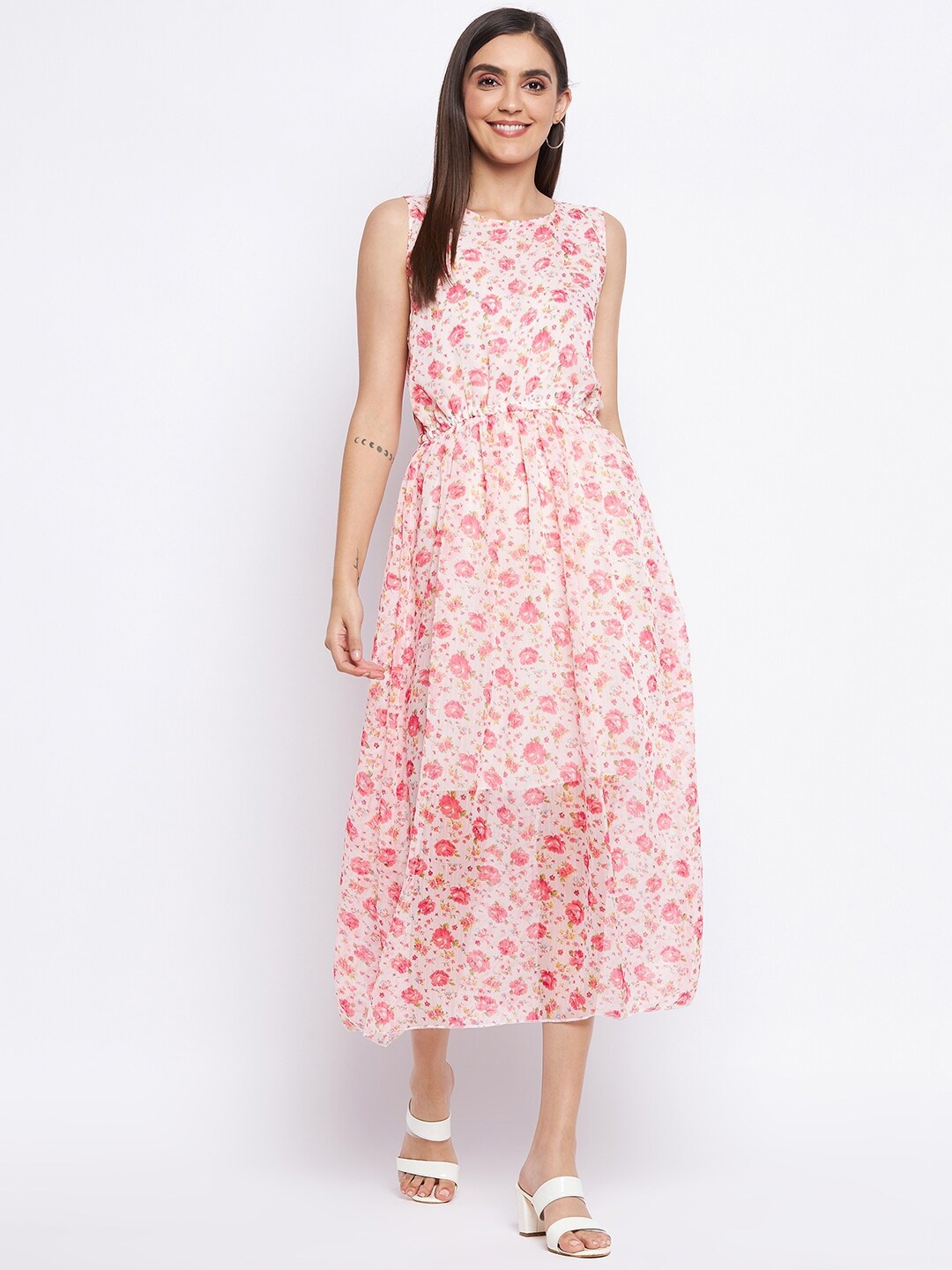 

Camey Women White & Peach Floral Printed Georgette Midi Dress