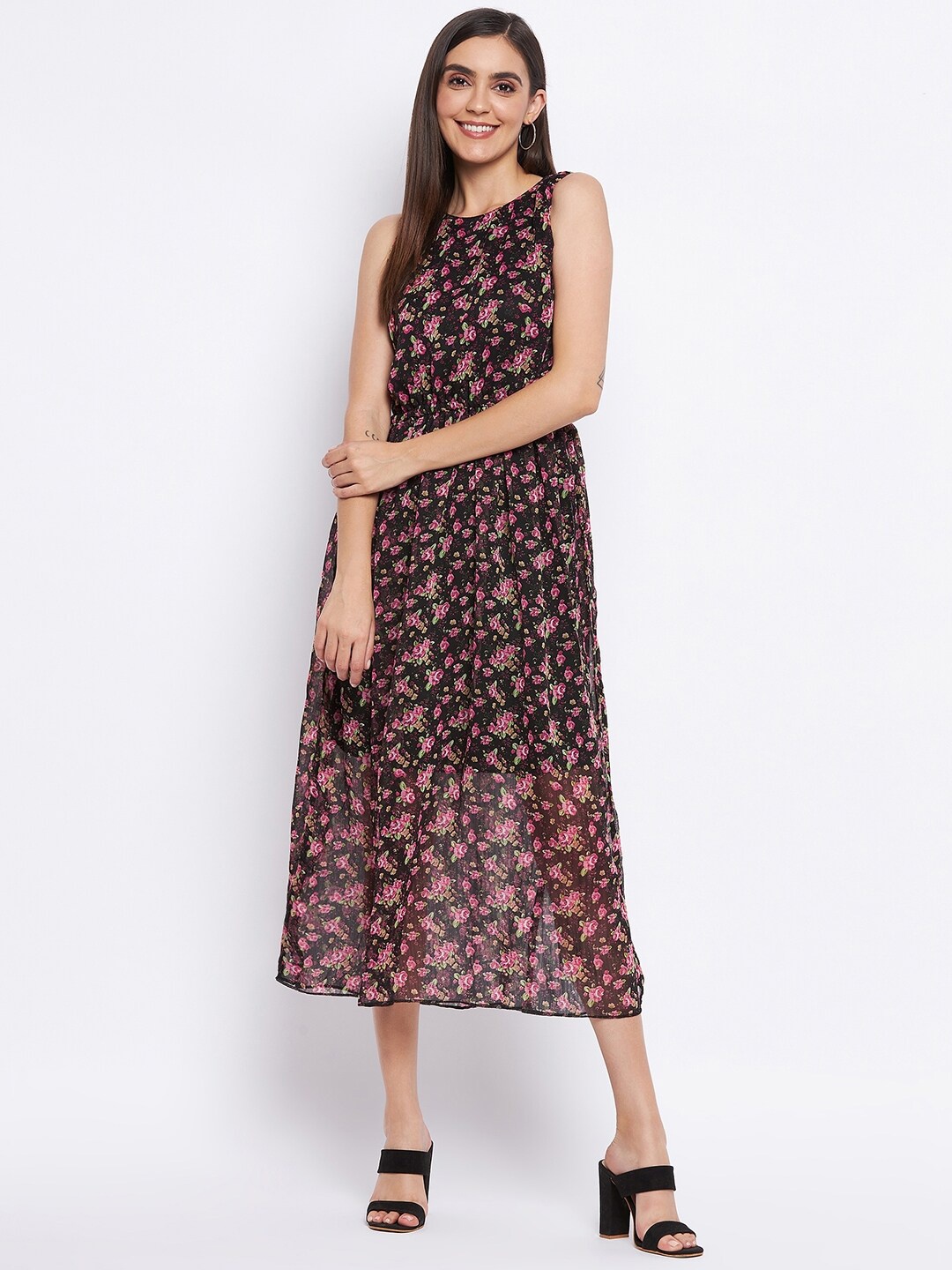 

Camey Black & Pink Floral Georgette Maxi Midi Dress