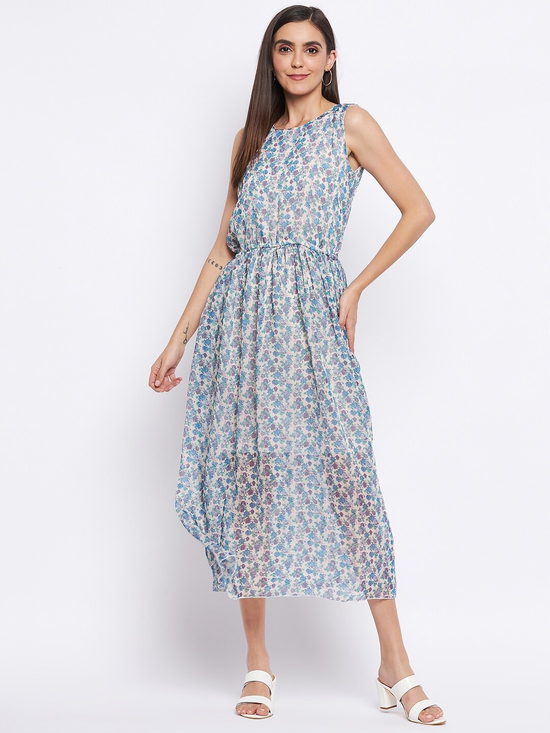 

Camey Cream-Coloured & Purple Floral Georgette Midi Dress