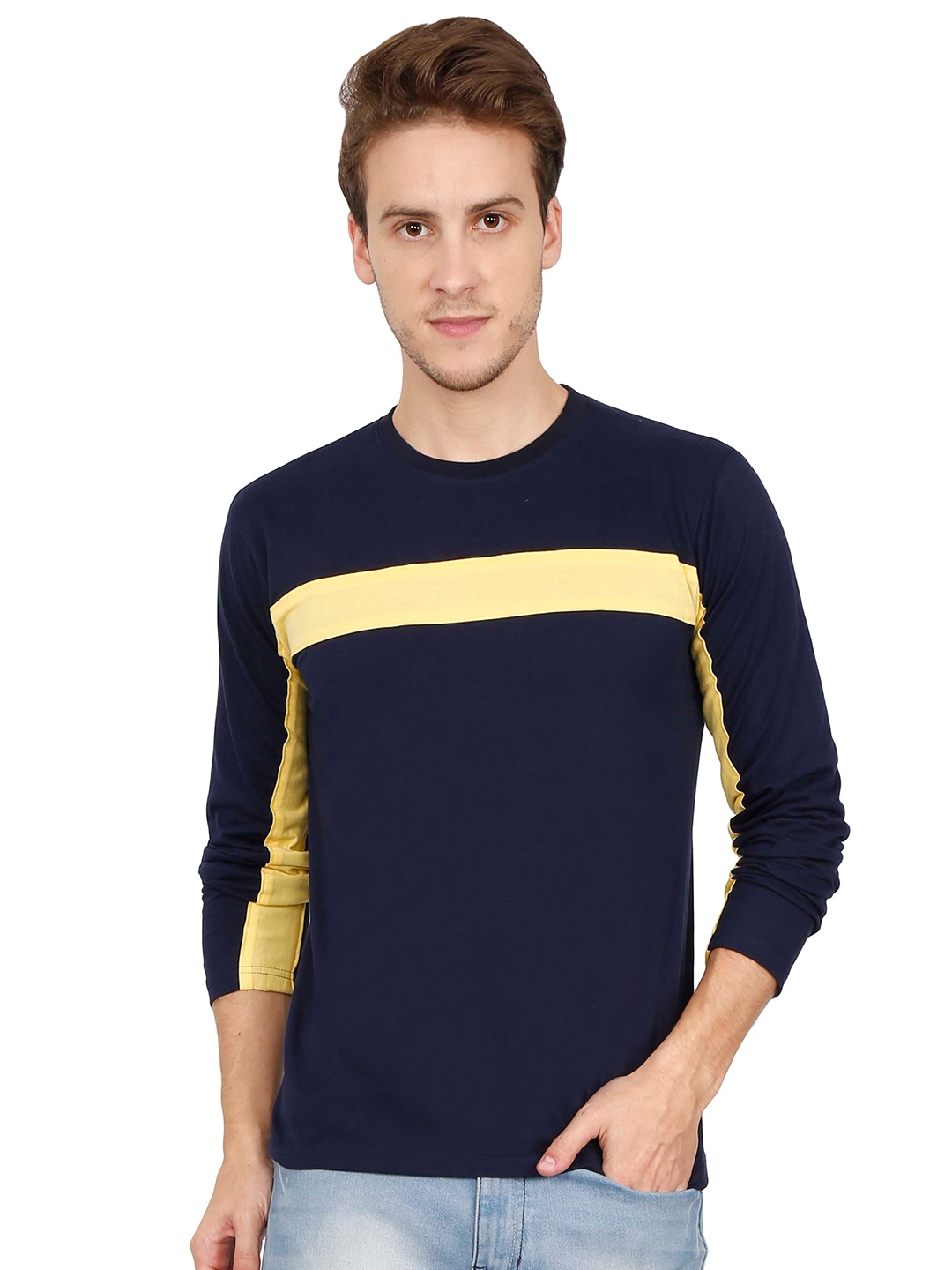 

Fleximaa Men Navy Blue & Yellow Colourblocked T-shirt