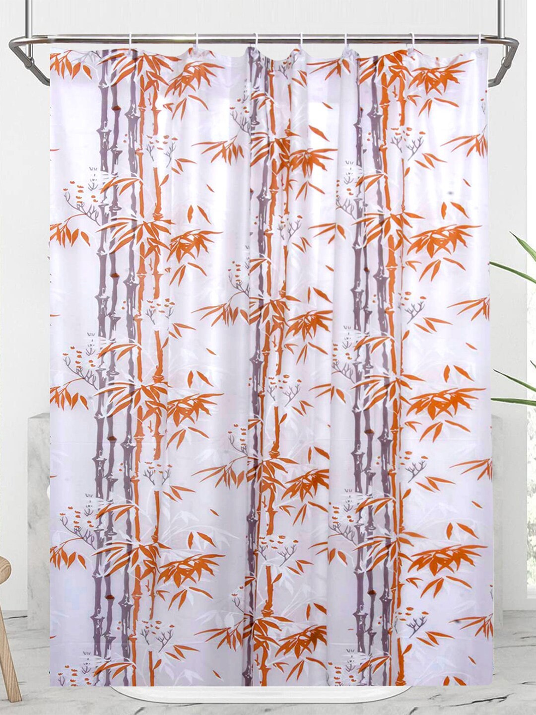 

Kuber Industries Orange & White Bamboo Printed PVC Shower Curtain