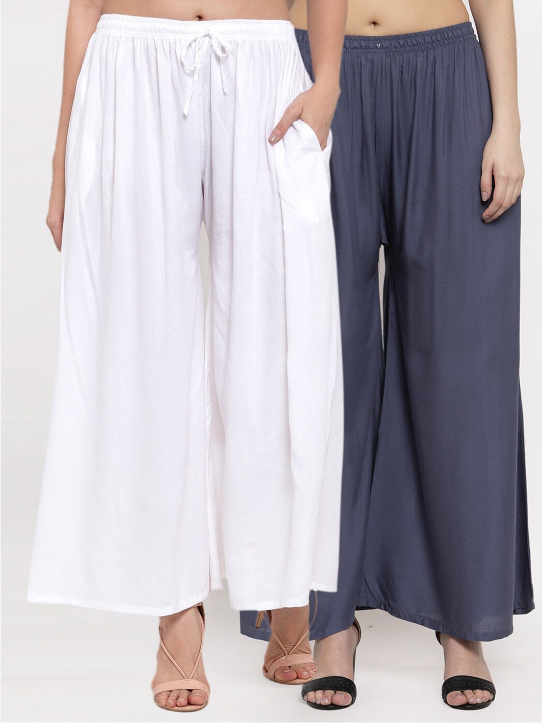 

Miaz Lifestyle Women Grey & White Set Of 2 Flared Knitted Palazzos