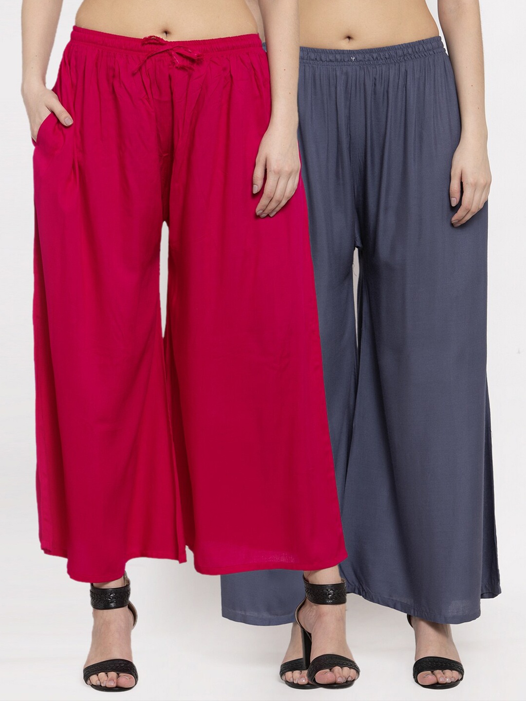

Miaz Lifestyle Women Grey & Pink Set Of 2 Knitted Palazzos
