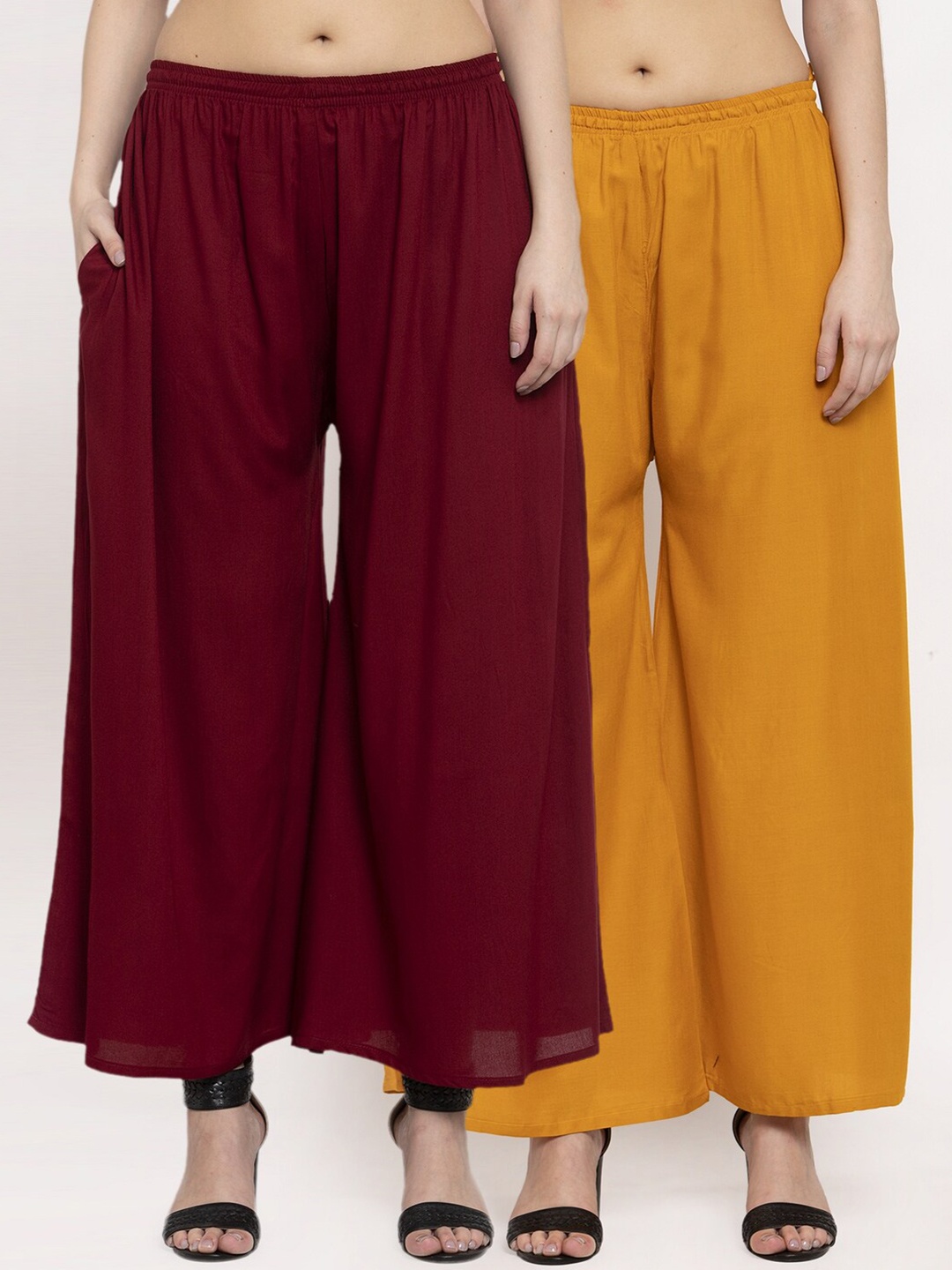

Miaz Lifestyle Women Maroon & Mustard Yellow Pack of 2 Flared Palazzos