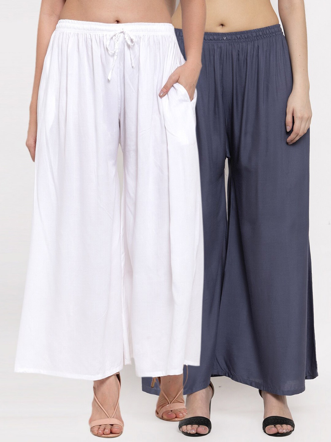 

Miaz Lifestyle Women Grey & White Set Of 2 Flared Knitted Palazzos