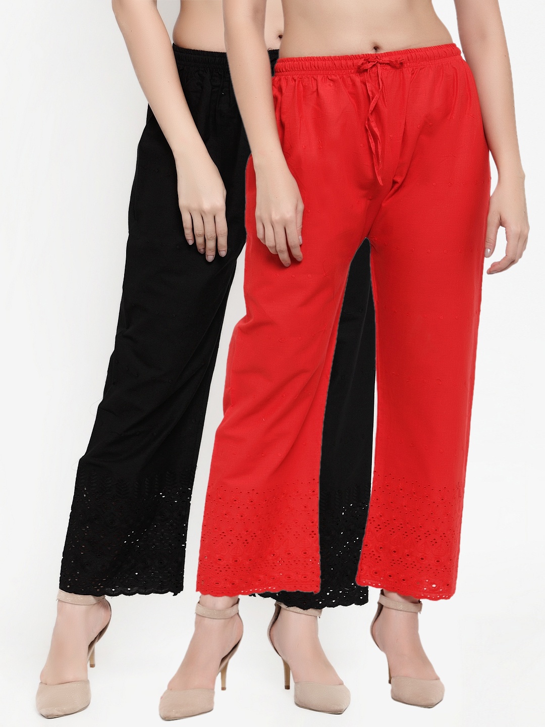 

Miaz Lifestyle Women Pack of 2 Embroidered Hem Design Palazzos, Red