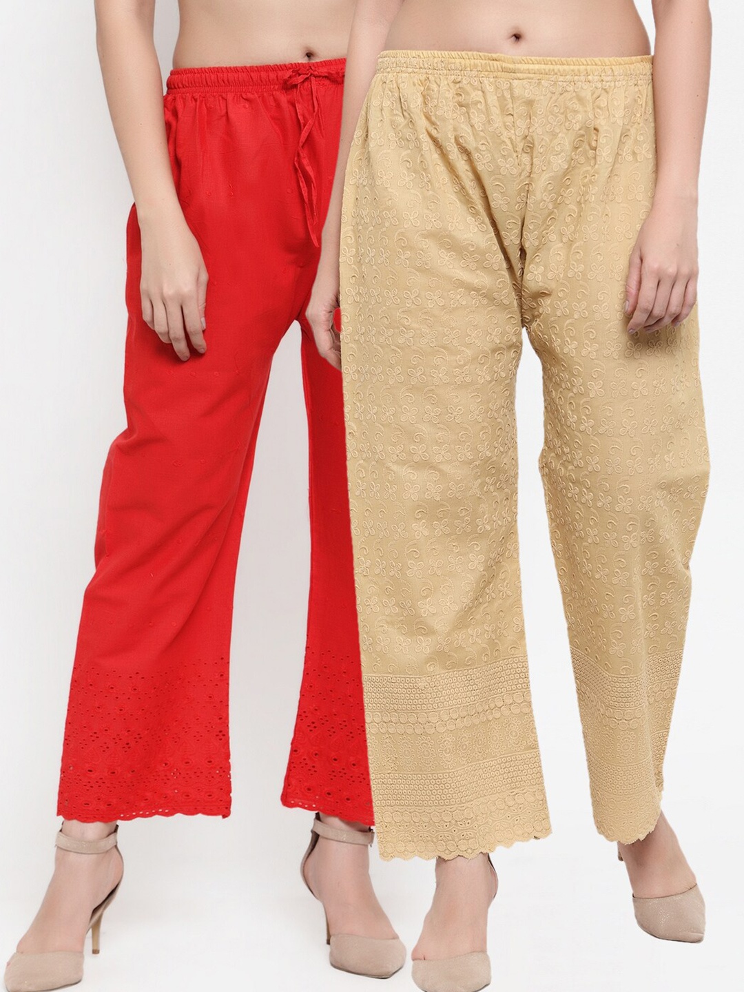 

Miaz Lifestyle Women Red & Beige Set Of 2 Embroidered Knitted Palazzos