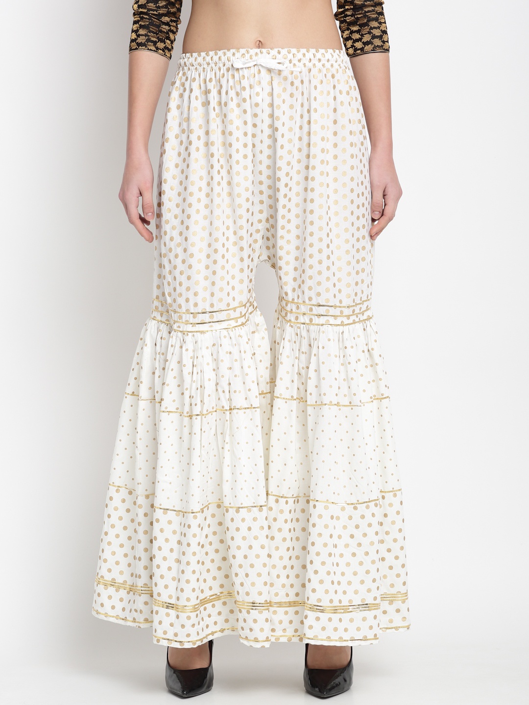 

Miaz Lifestyle Women Off White & Golden Printed Knitted Sharara Pants