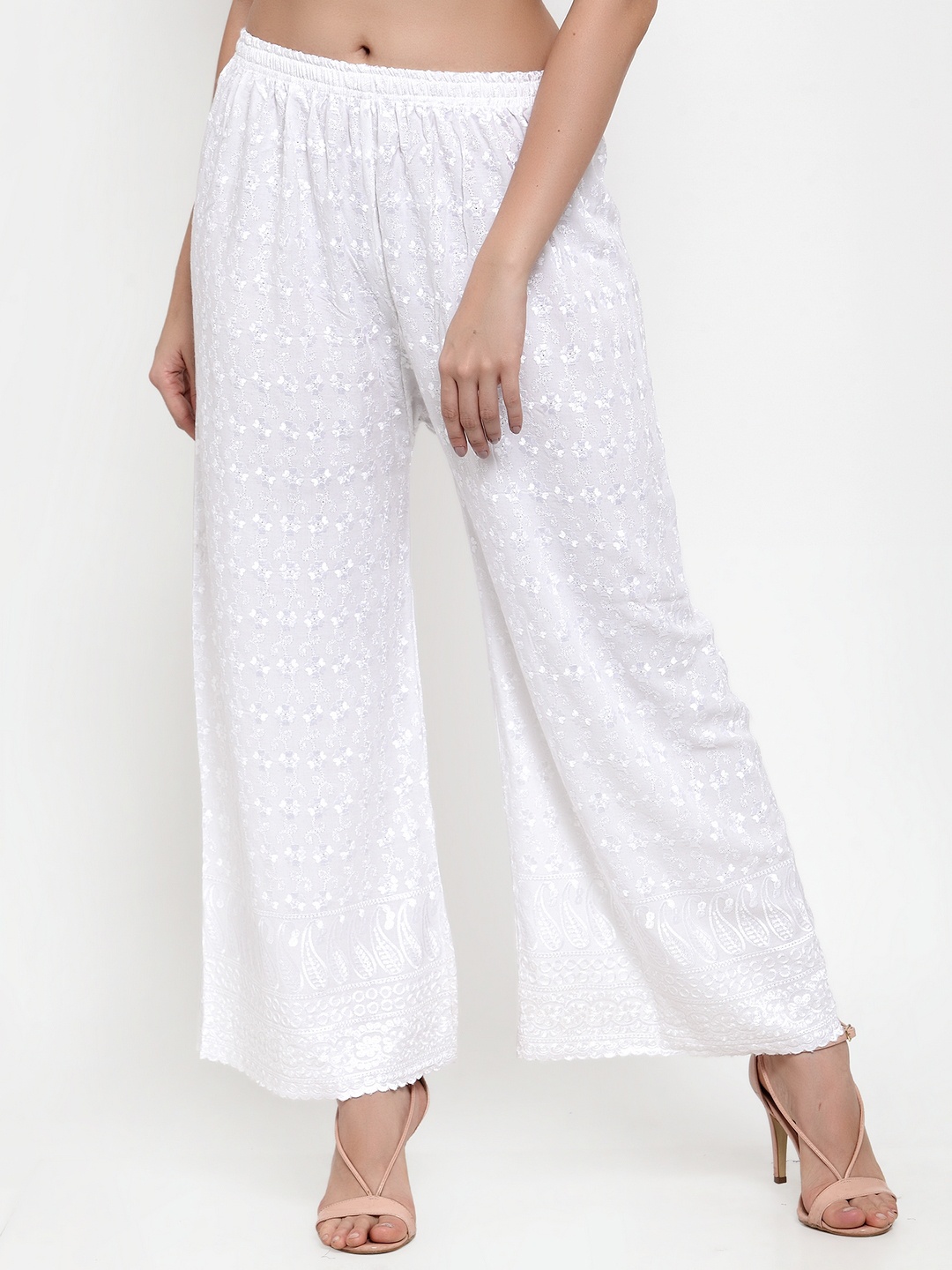 

Miaz Lifestyle Women White Floral Embroidered Palazzos