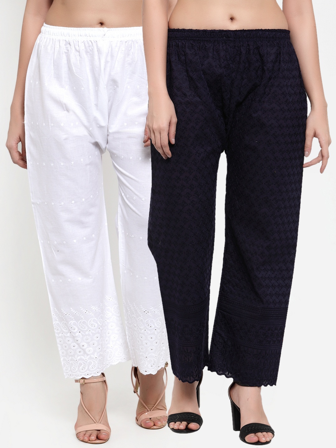 

Miaz Lifestyle Pack of 2 Women Navy Blue & White Embroidered Palazzos