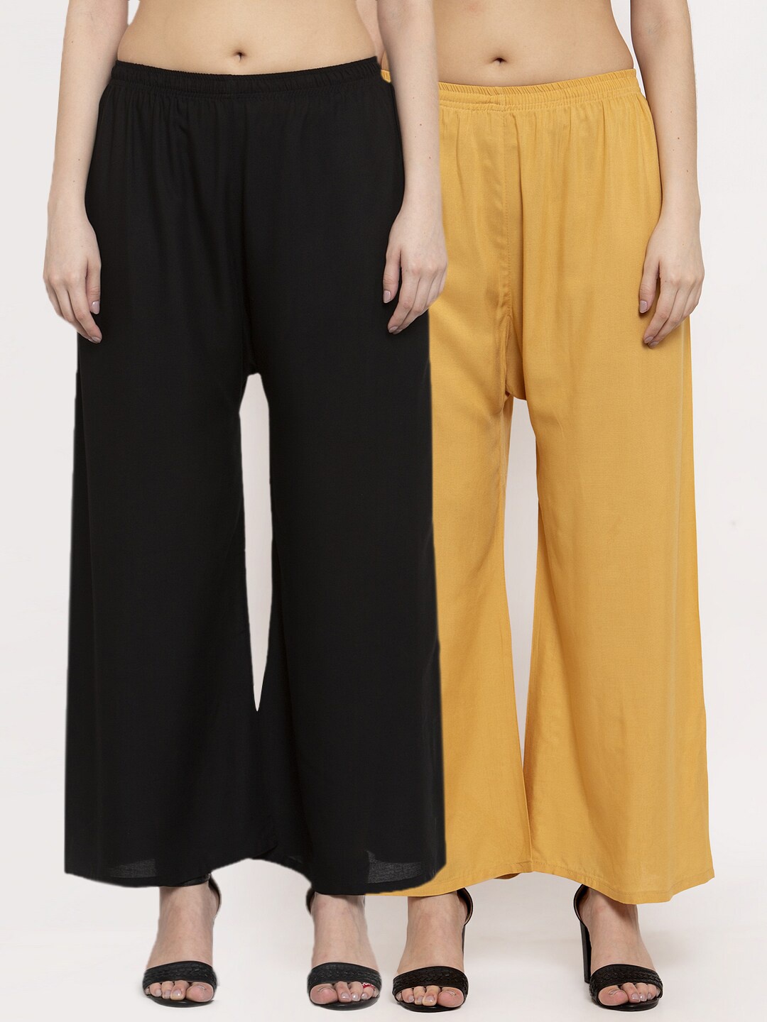 Miaz Lifestyle Women Mustard Yellow & Black Set Of 2 Palazzos