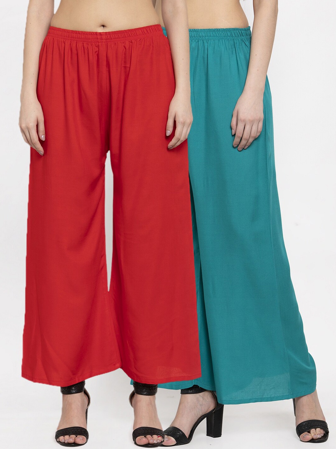 Miaz Lifestyle Women Turquoise Blue & Red Set Of 2 Knitted Palazzos