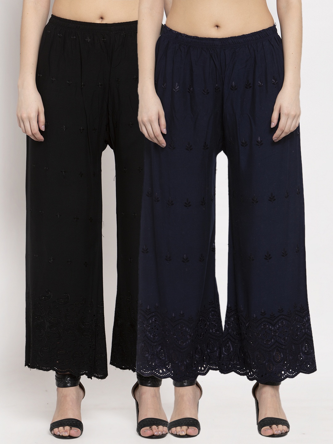 

Miaz Lifestyle Women Pack of 2 Embroidered Knitted Palazzos, Navy blue