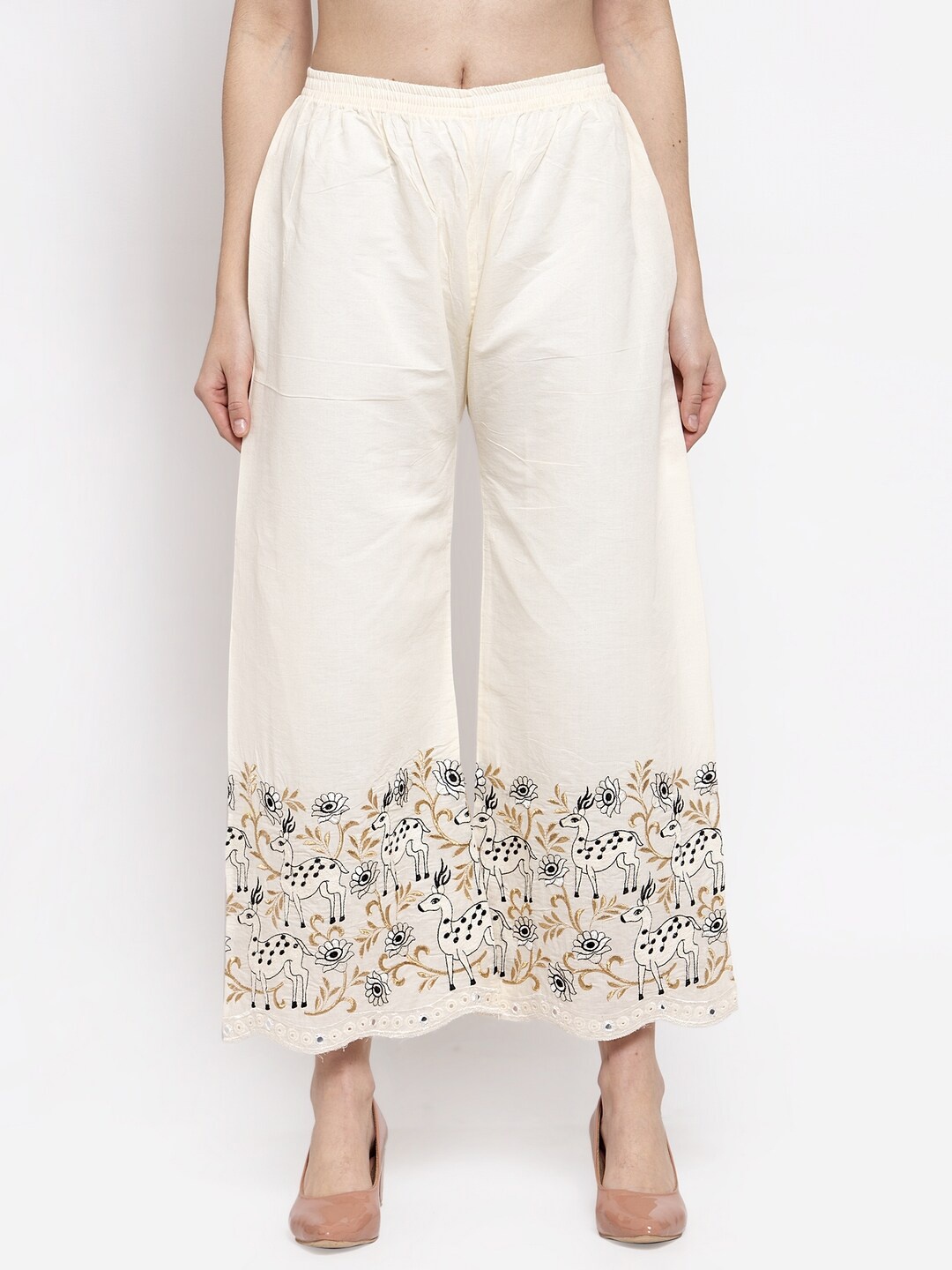 

Miaz Lifestyle Women Off White & Black Floral Printed Palazzos