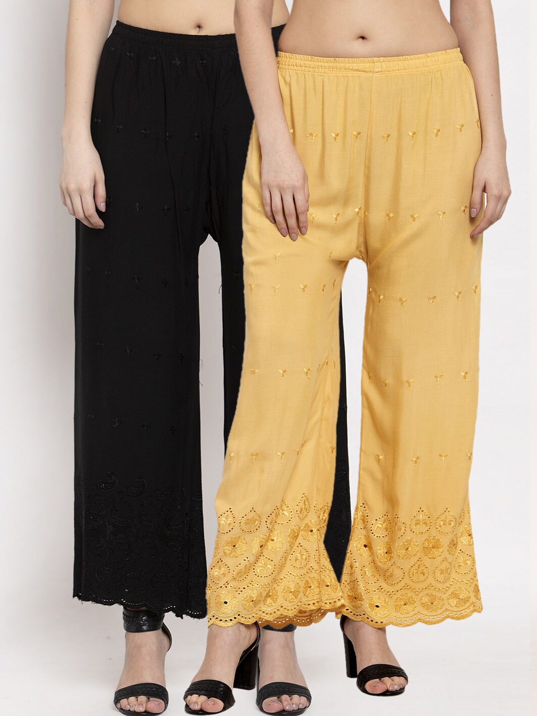 

Miaz Lifestyle Women Beige & Black Pack Of 2 Embroidered Knitted Palazzos