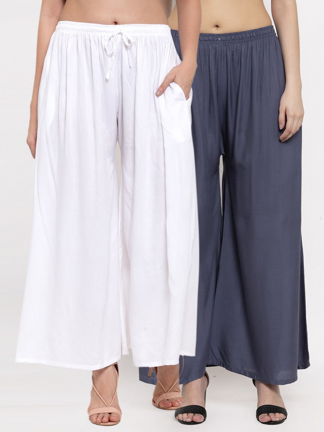 Miaz Lifestyle Women Grey & White Set Of 2 Flared Palazzos