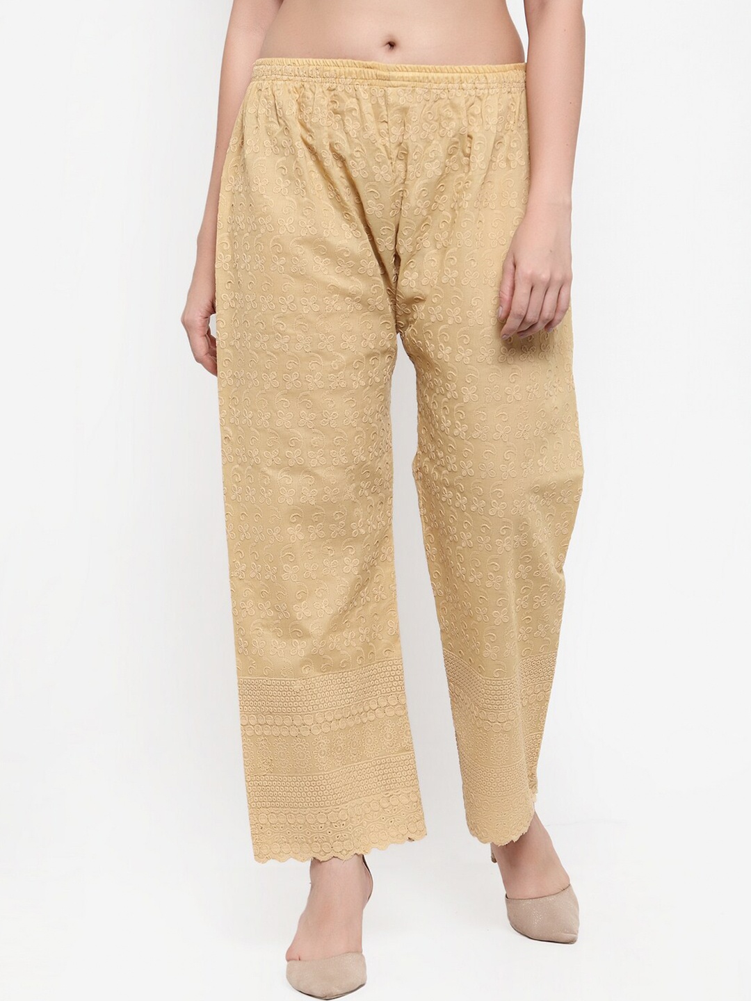

Miaz Lifestyle Women Beige Floral Embroidered Palazzos
