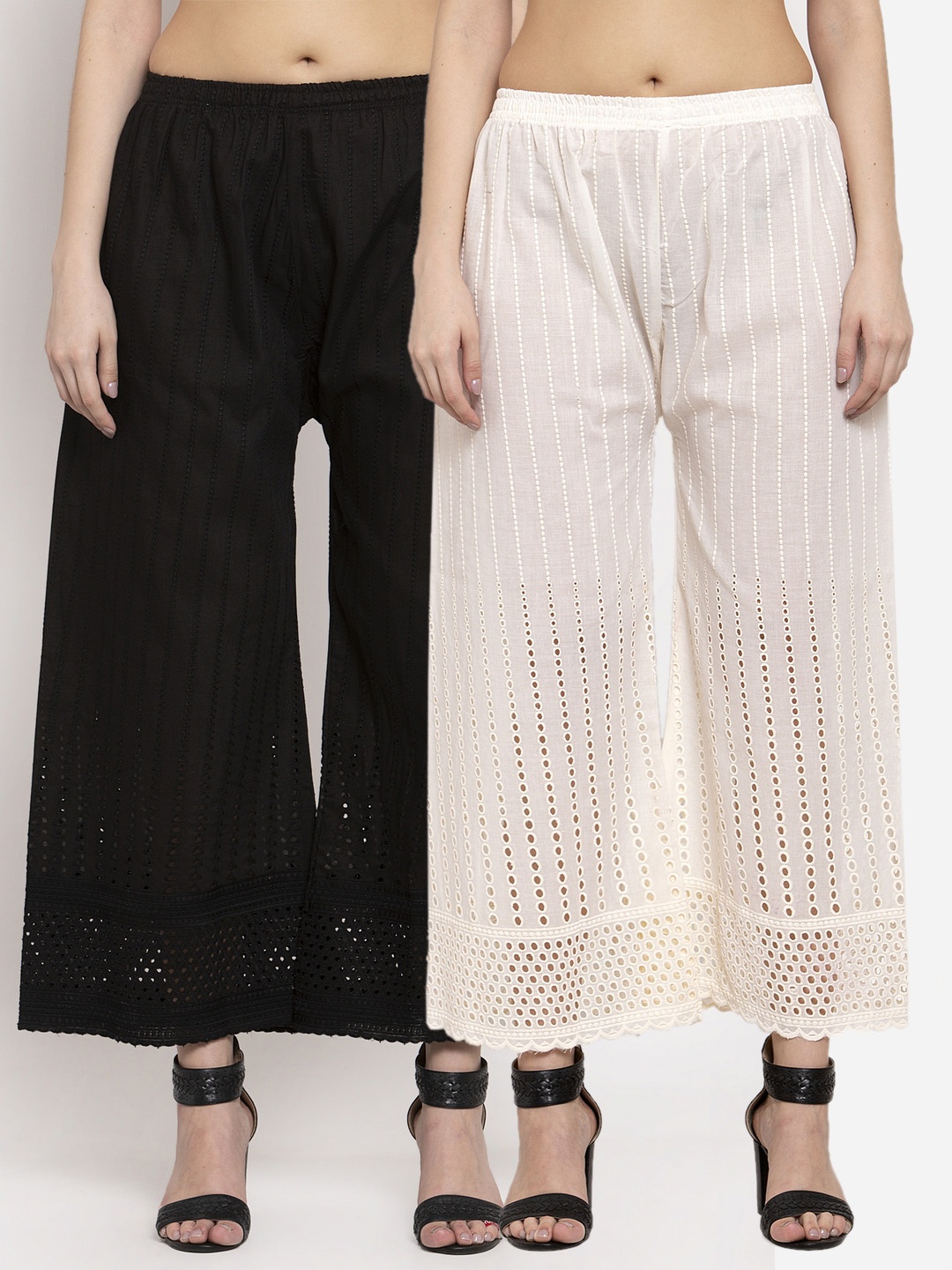 

Miaz Lifestyle Women Set Of 2 Black & Off White Floral Embroidered Knitted Palazzos