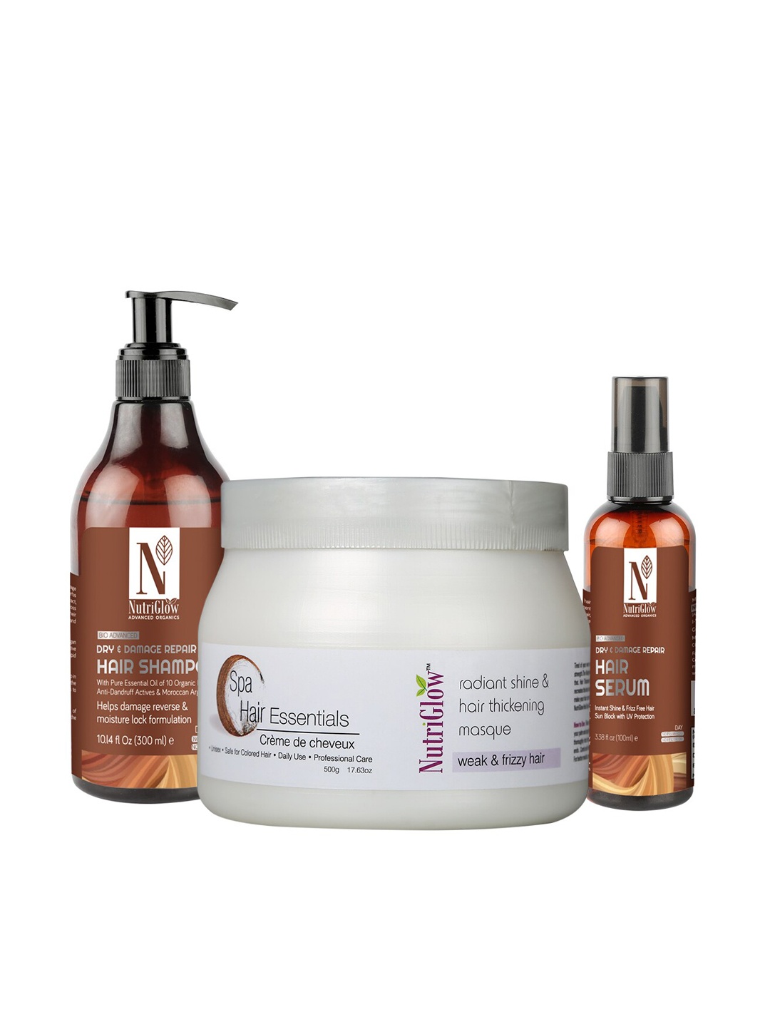 Nutriglow Advanced Organics Hair Spa Masque 500 g - Hair Serum 100 ml - Shampoo 300 ml, Brown