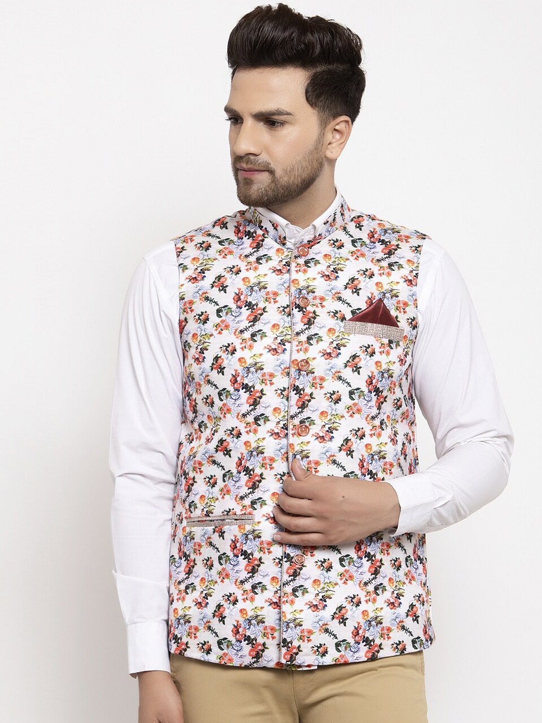 

KLOTTHE Men White & Red Printed Nehru Jackets