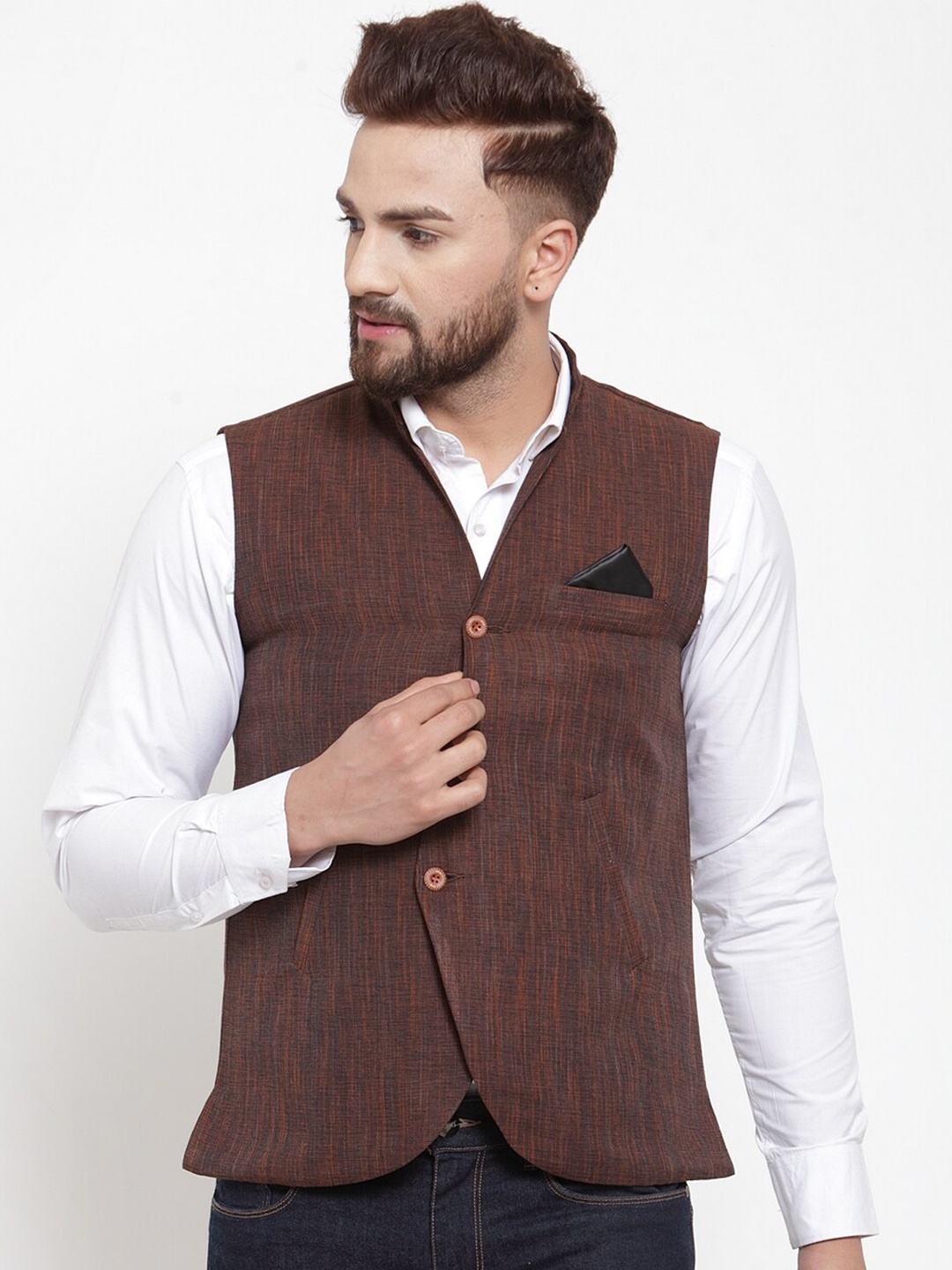 

KLOTTHE Men Brown Solid Pure Cotton Nehru Jackets