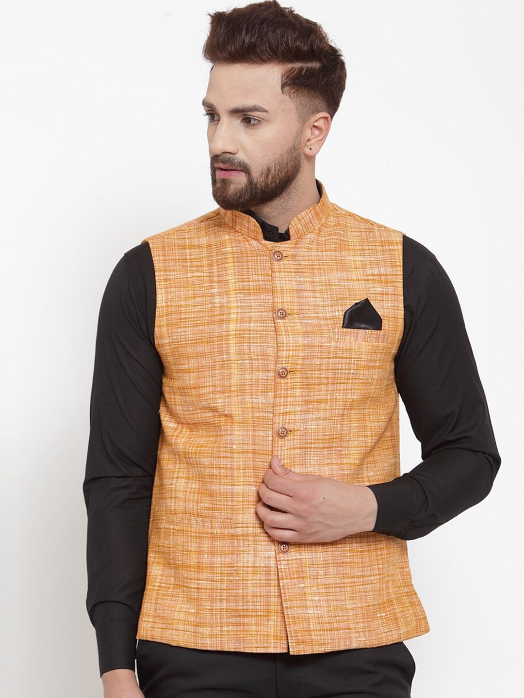 

KLOTTHE Men Yellow Woven Design Pure Cotton Nehru Jacket