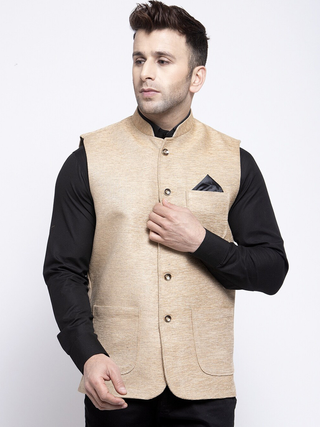 

KLOTTHE Men Beige Woven Design Cotton Blend Nehru Jacket