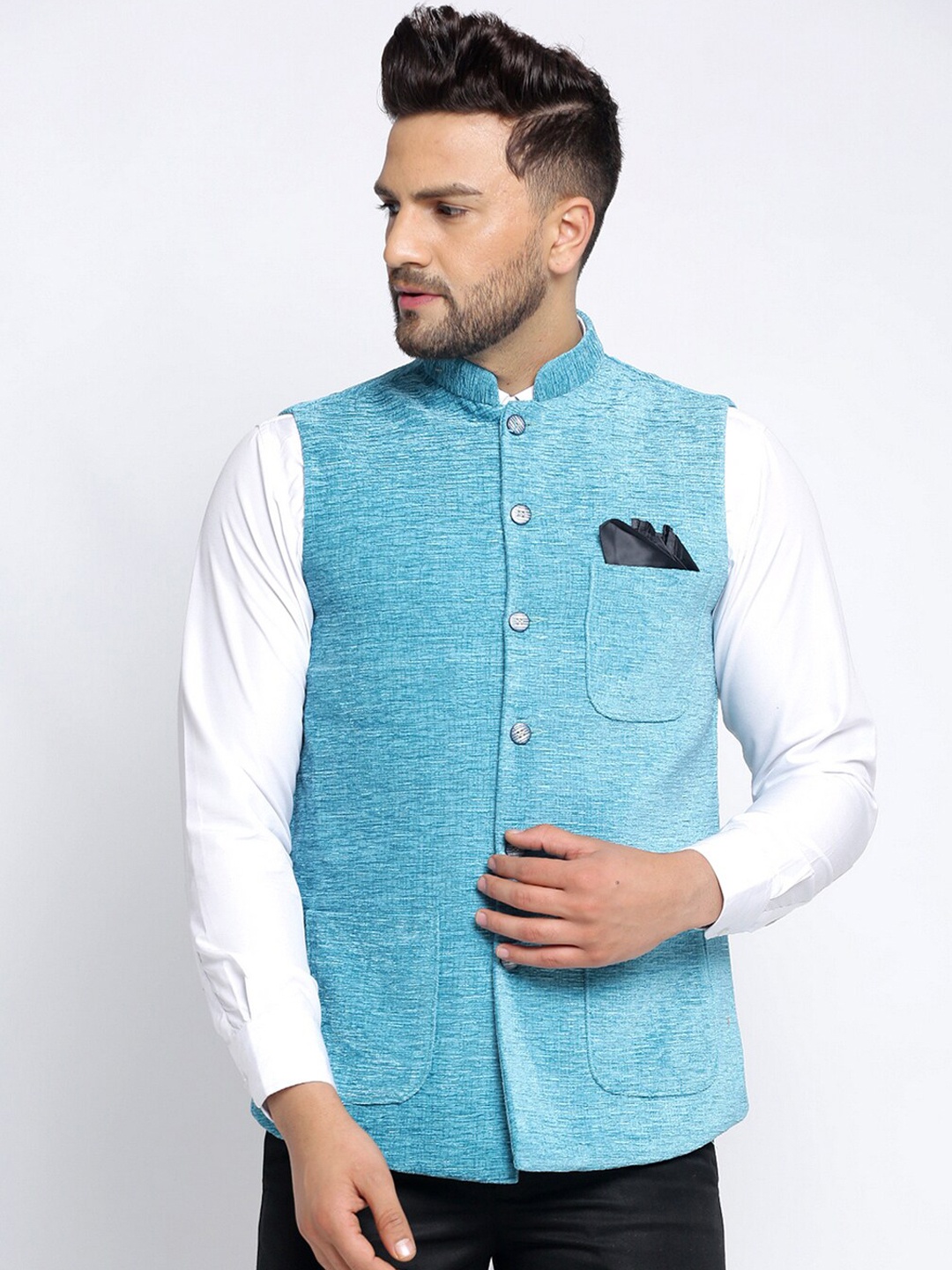 

KLOTTHE Men Blue Textured Woven Nehru Jackets
