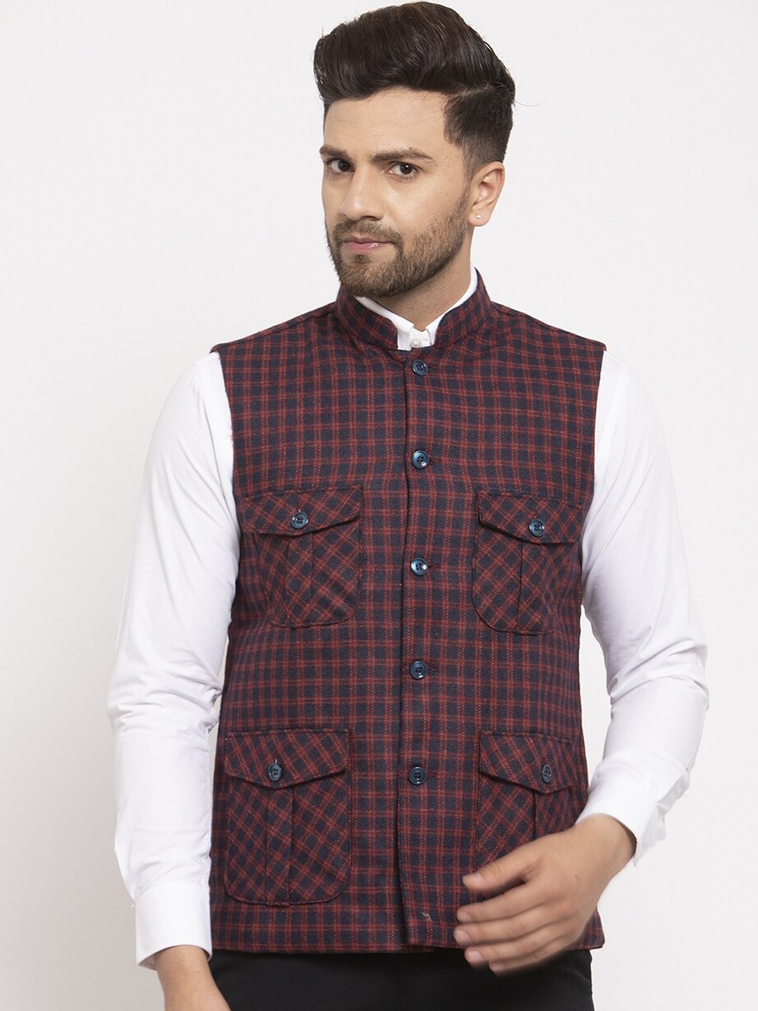 

KLOTTHE Men Maroon Checked Printed Woven Nehru Jacket
