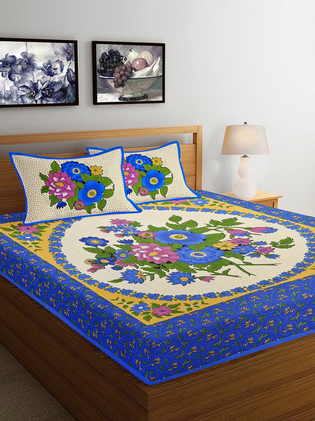 

Ispace Blue AROMA 104 TC Cotton Jaipuri Queen Bedsheet With 2 Pillow Covers