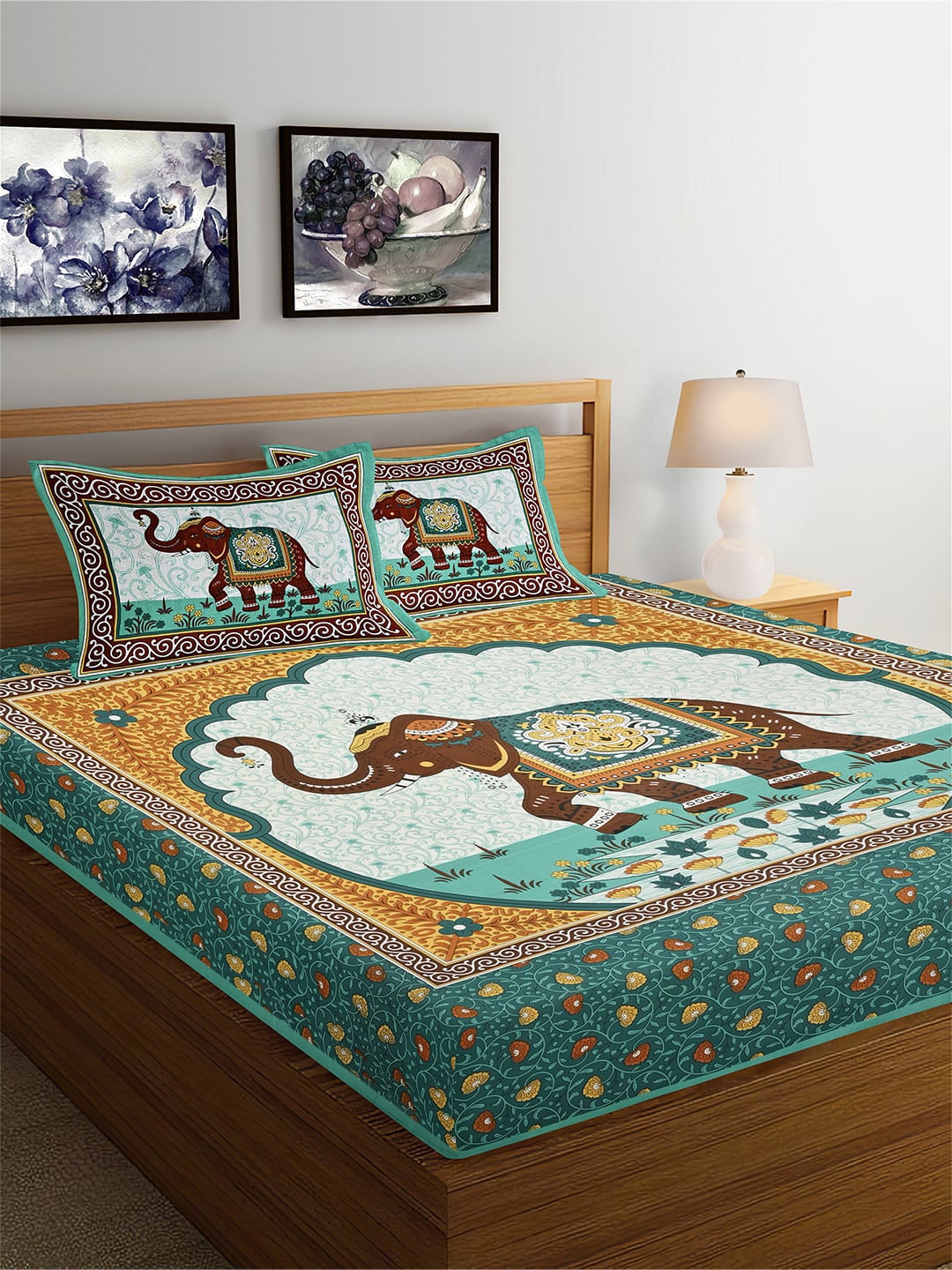 

Ispace Multi AROMA 104 TC Cotton Jaipuri Queen Bedsheet With 2 Pillow Covers, Green