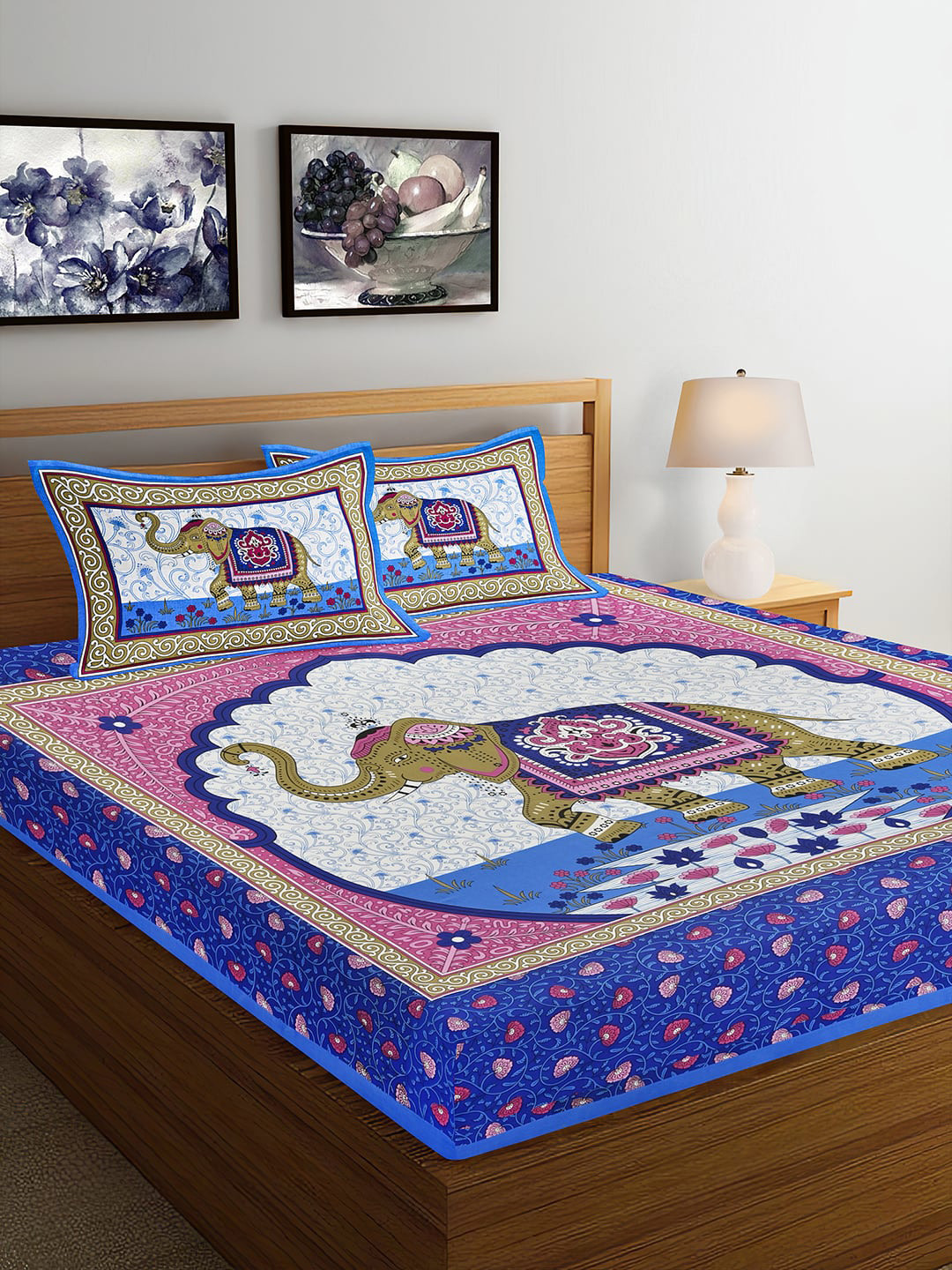 

Ispace Multi AROMA 104 TC Cotton Jaipuri Queen Bedsheet With 2 Pillow Covers, Blue