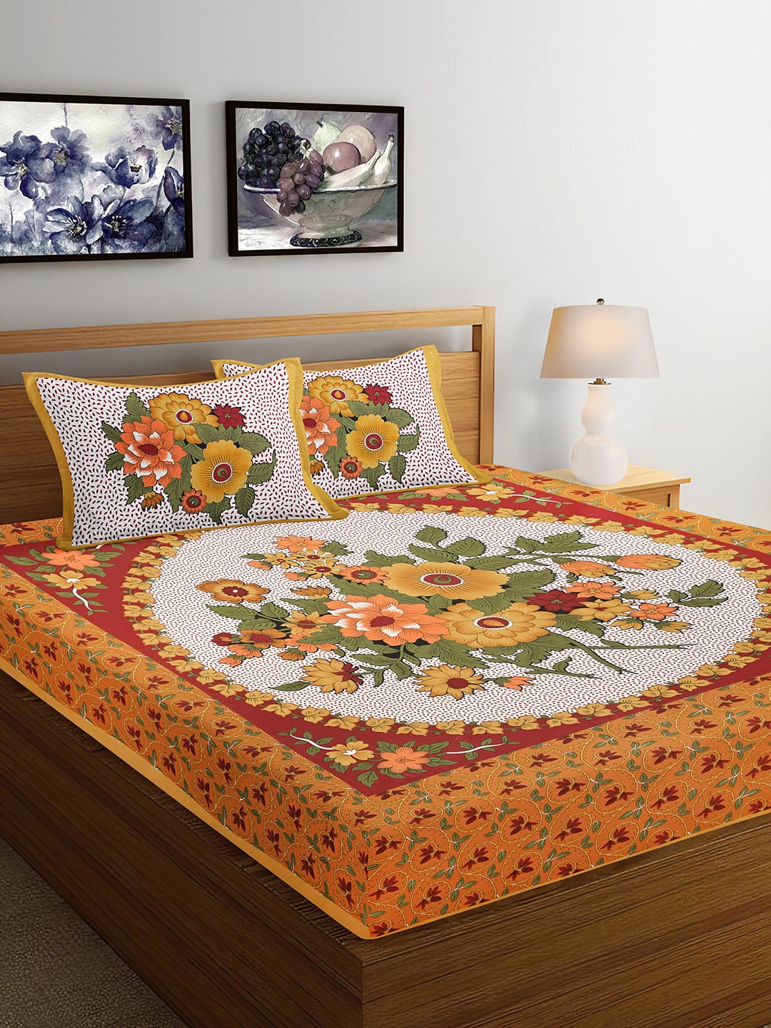 

Ispace Mustard AROMA 104 TC Cotton Jaipuri Queen Bedsheet With 2 Pillow Covers