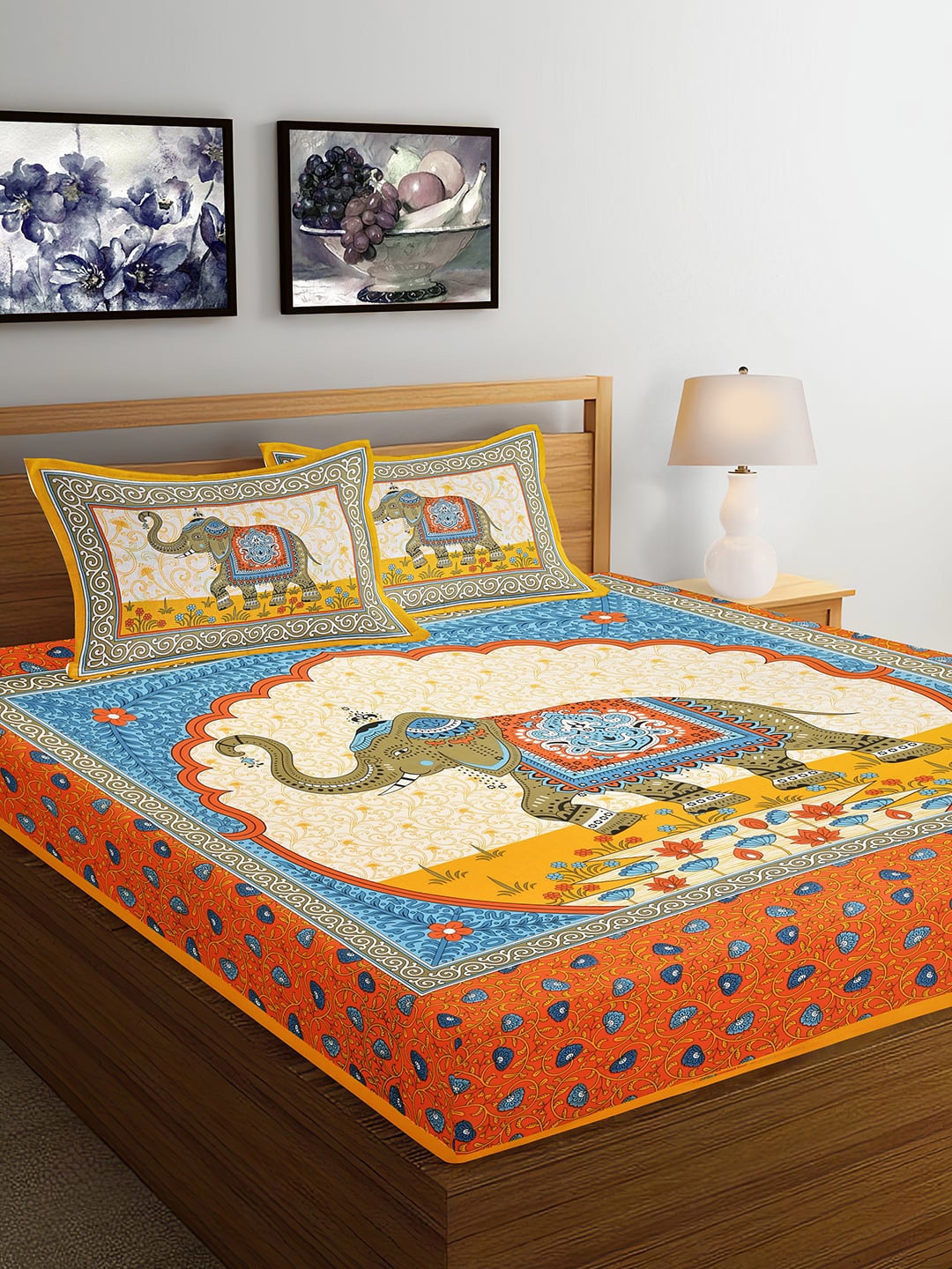 

Ispace Multi AROMA 104 TC Cotton Jaipuri Queen Bedsheet With 2 Pillow Covers, Orange