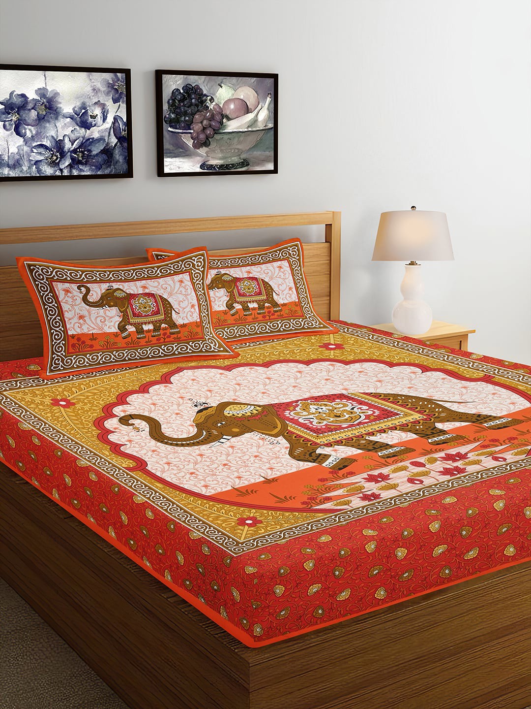 

Ispace Orange AROMA 104 TC Cotton Jaipuri Queen Bedsheet With 2 Pillow Covers
