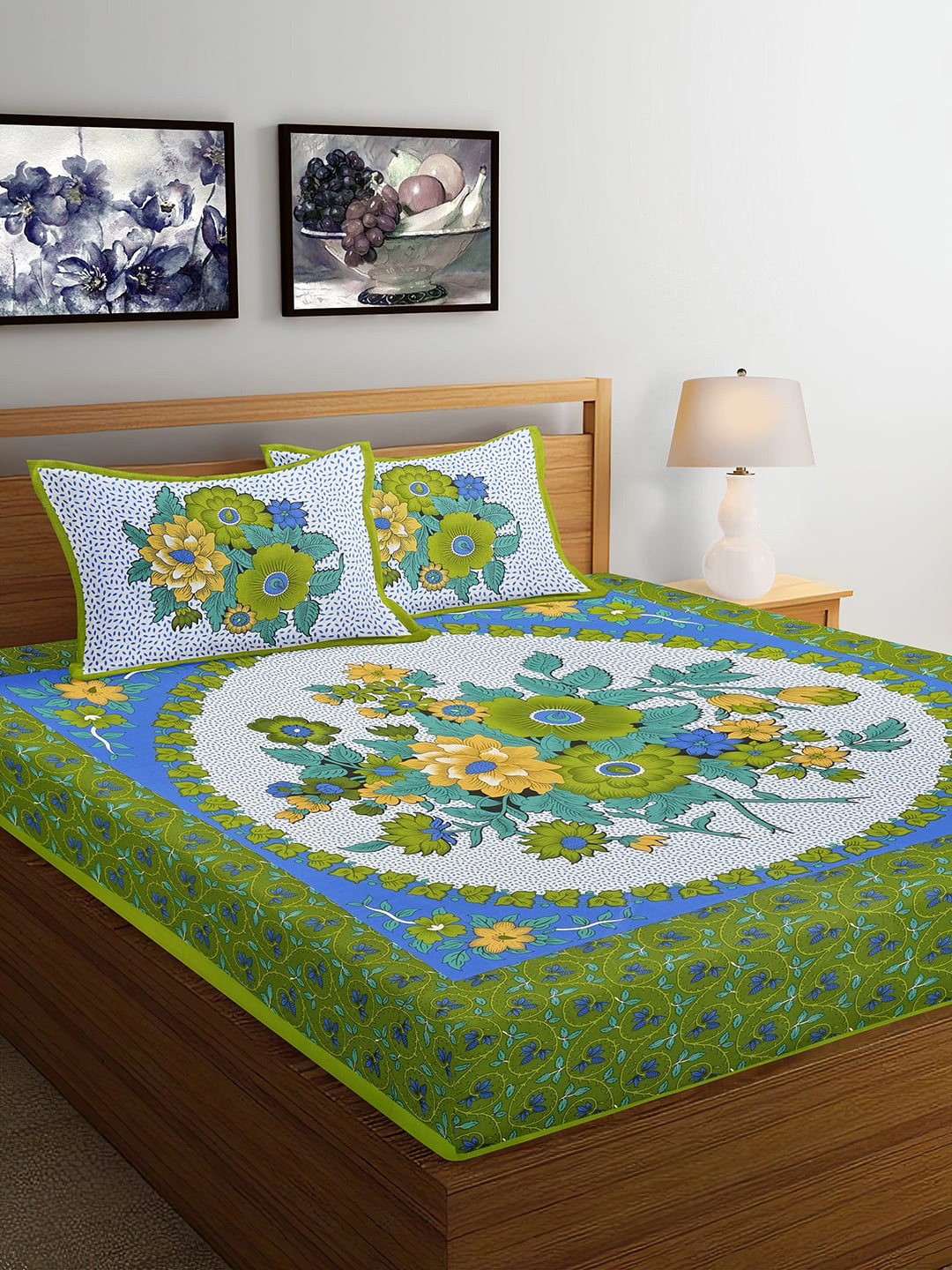 

Ispace Green AROMA 104 TC Cotton Jaipuri Queen Bedsheet With 2 Pillow Covers