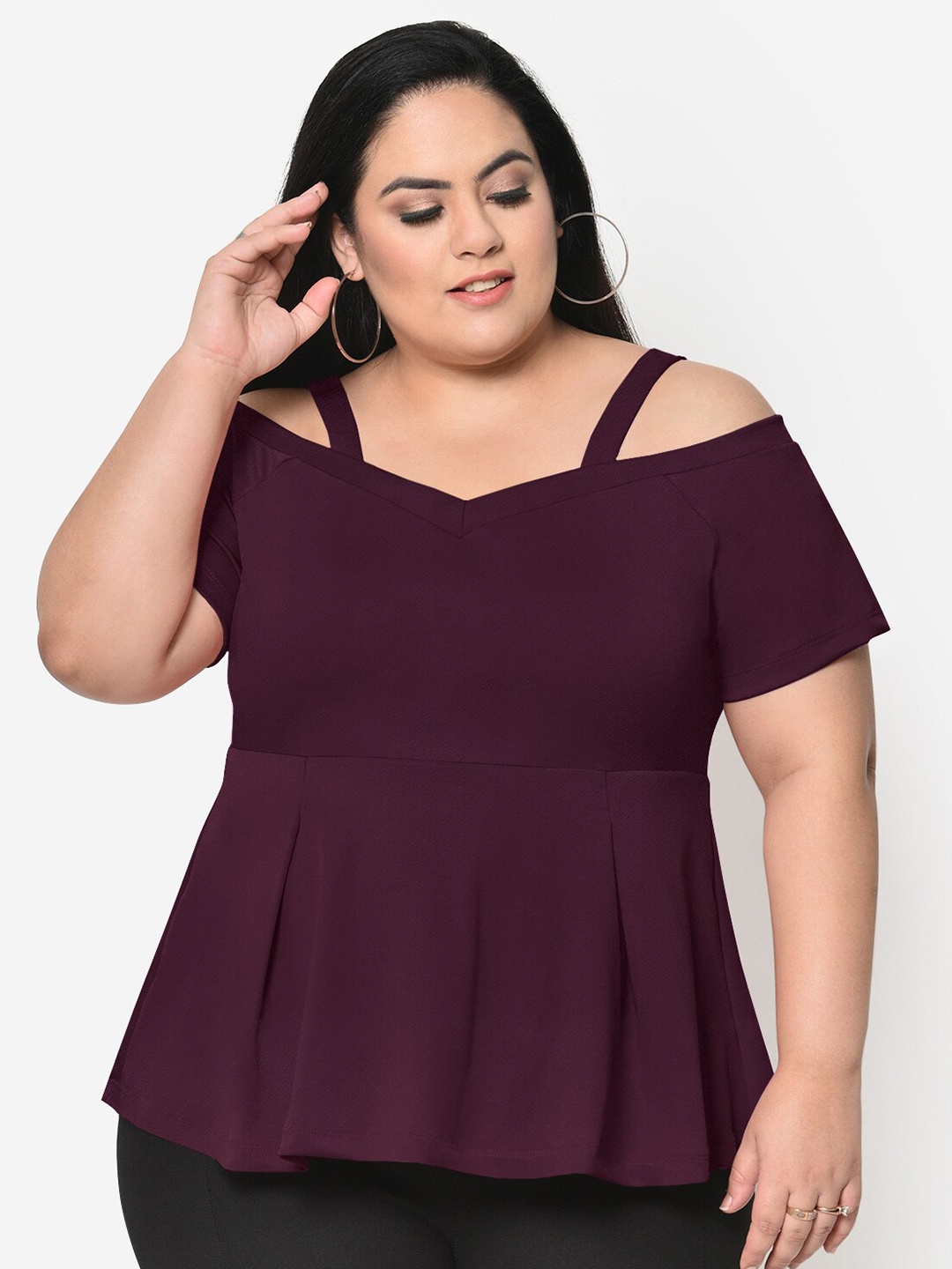

Wild U Plus Size Women Burgundy Peplum Cold Shoulder Top