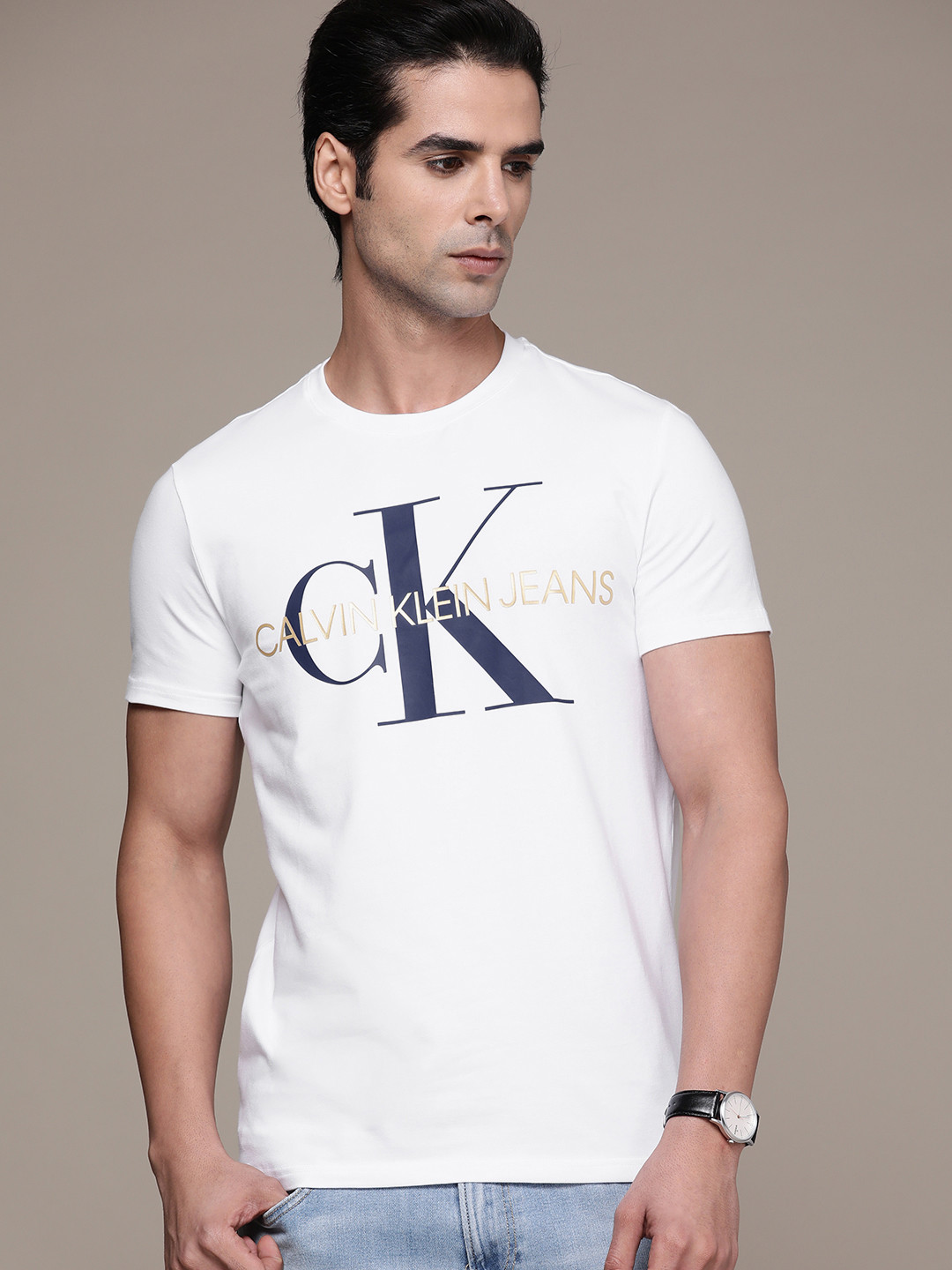 

Calvin Klein Jeans Men White Typography Printed Slim Fit T-shirt