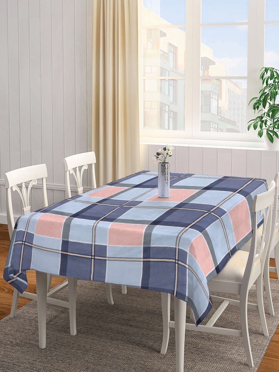 

Arrabi Blue & Peach-Coloured Geometric Cotton Blend 6 SEATER Table Cover