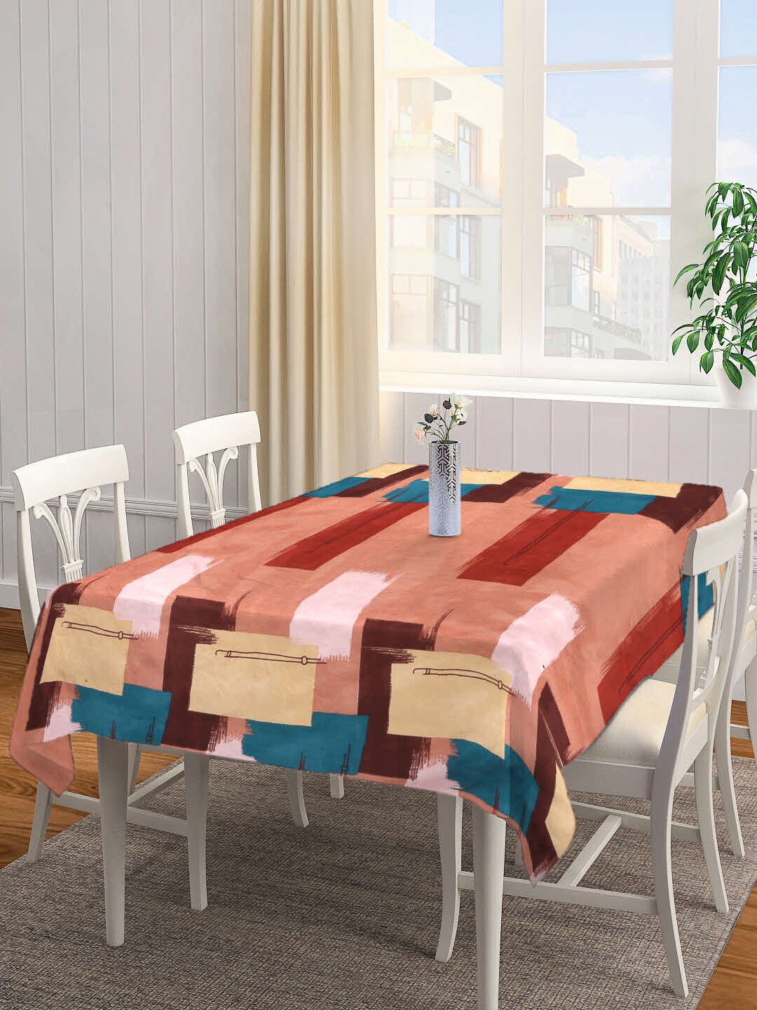 Arrabi Brown & Blue Geometric Printed 6 Seater Table Cover