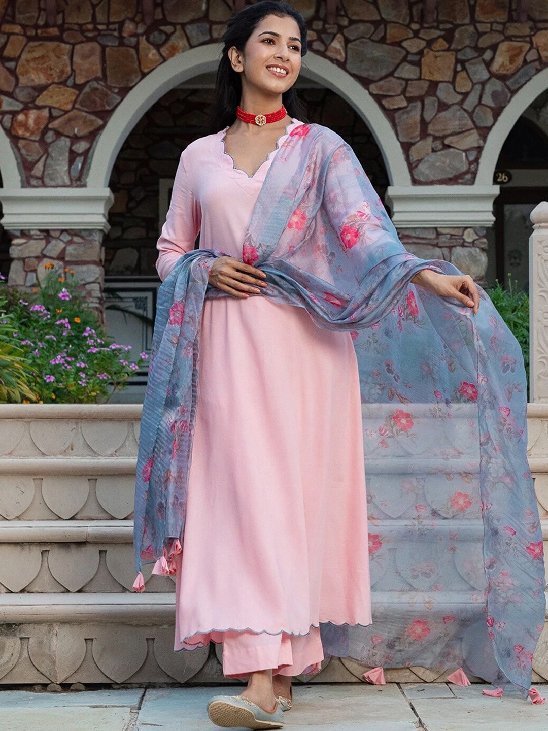 

Ambraee Women Pink Kurta with Trousers & With Dupatta