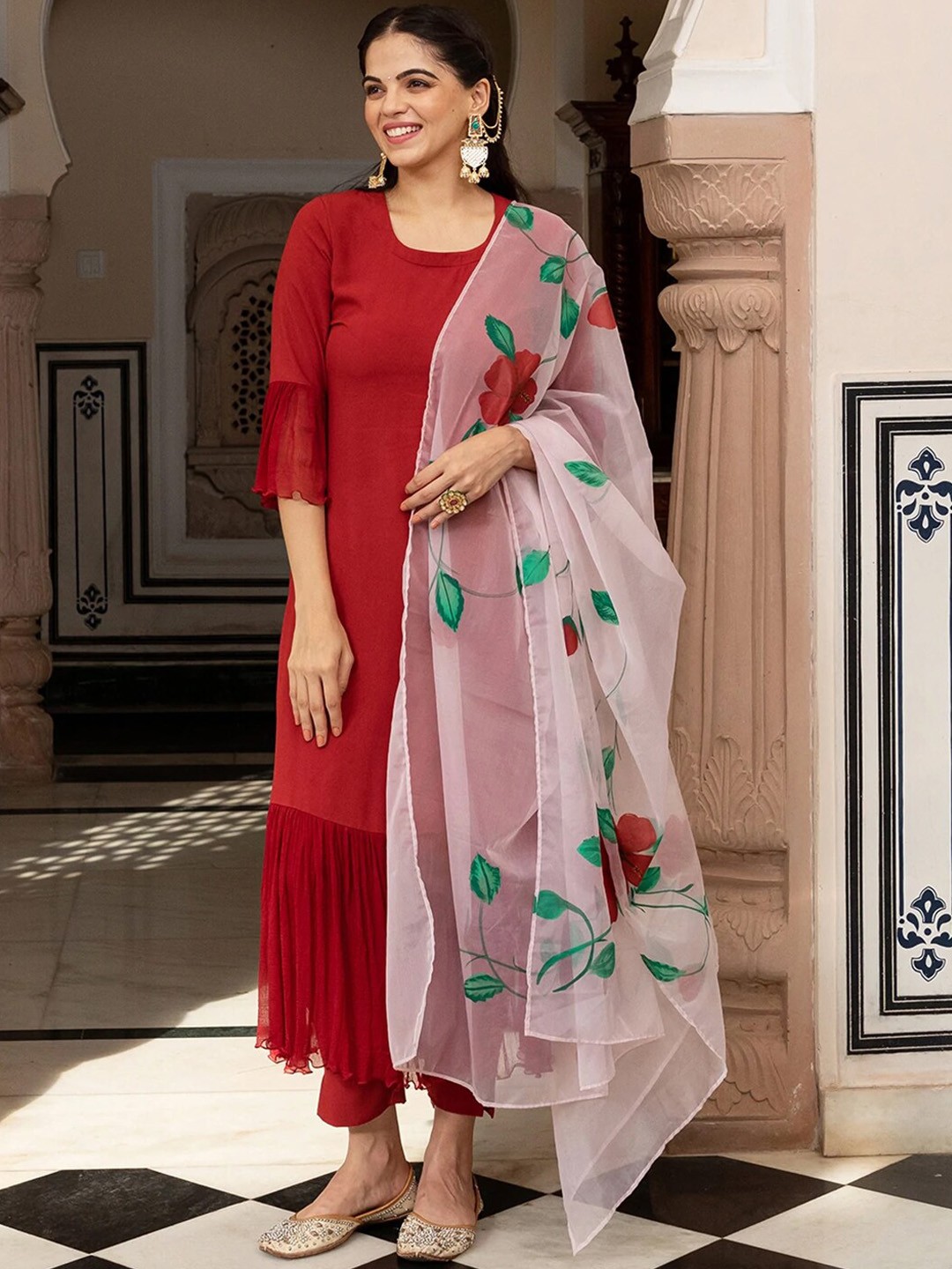 

Ambraee Women Pleated Gotta Patti Kurta with Trousers & Dupatta, Maroon