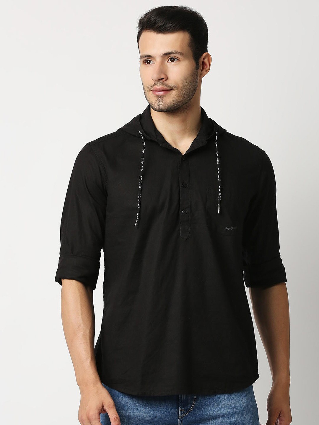 

Pepe Jeans Men Black Hooded Casual Shirt