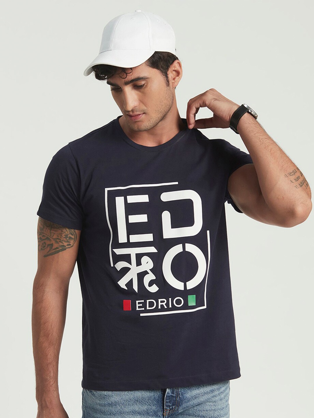 

EDRIO Men Navy Blue Typography Printed Pure Cotton Outdoor T-shirt