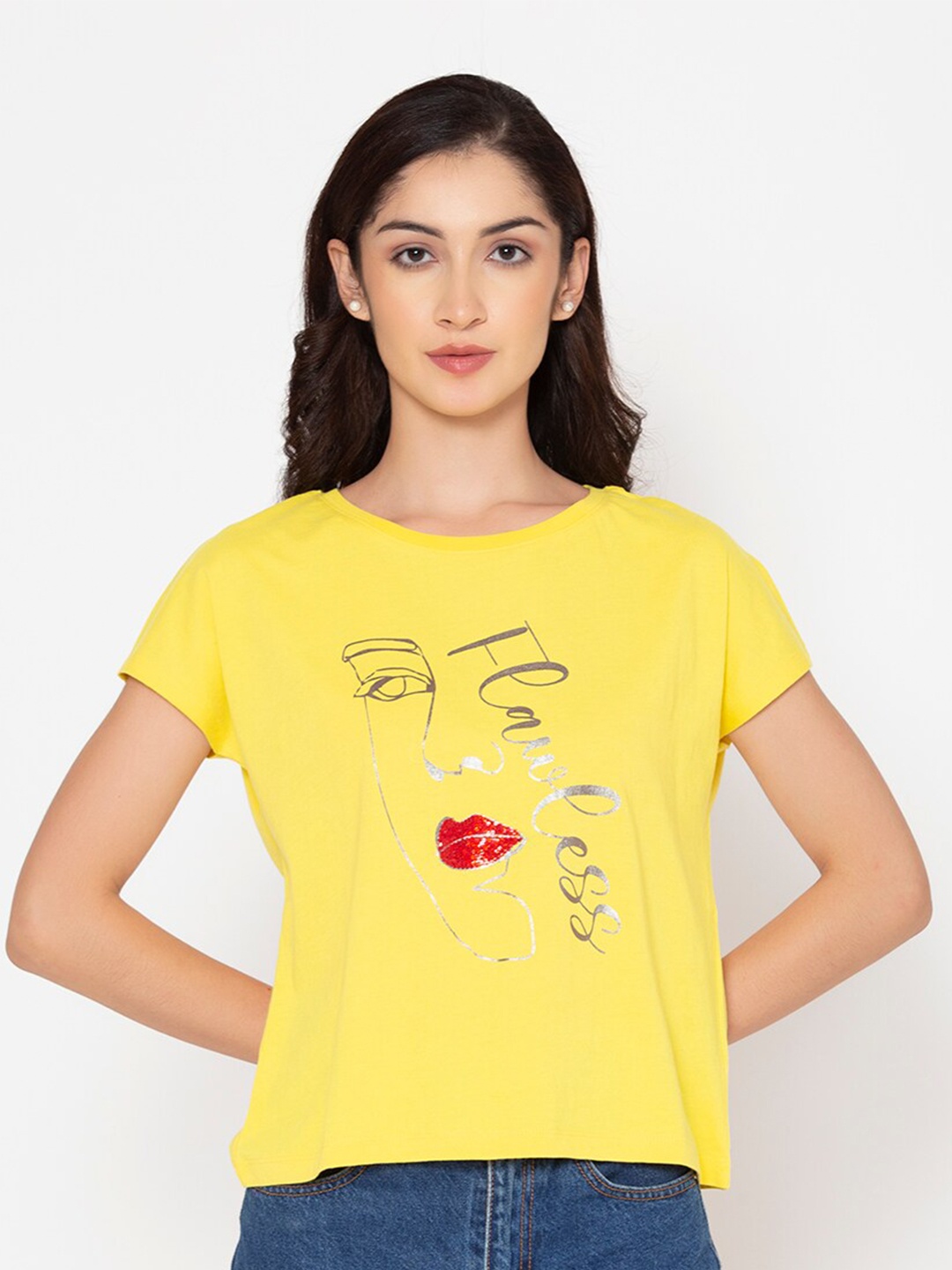 

FLAWLESS Women Yellow Printed Cotton T-shirt