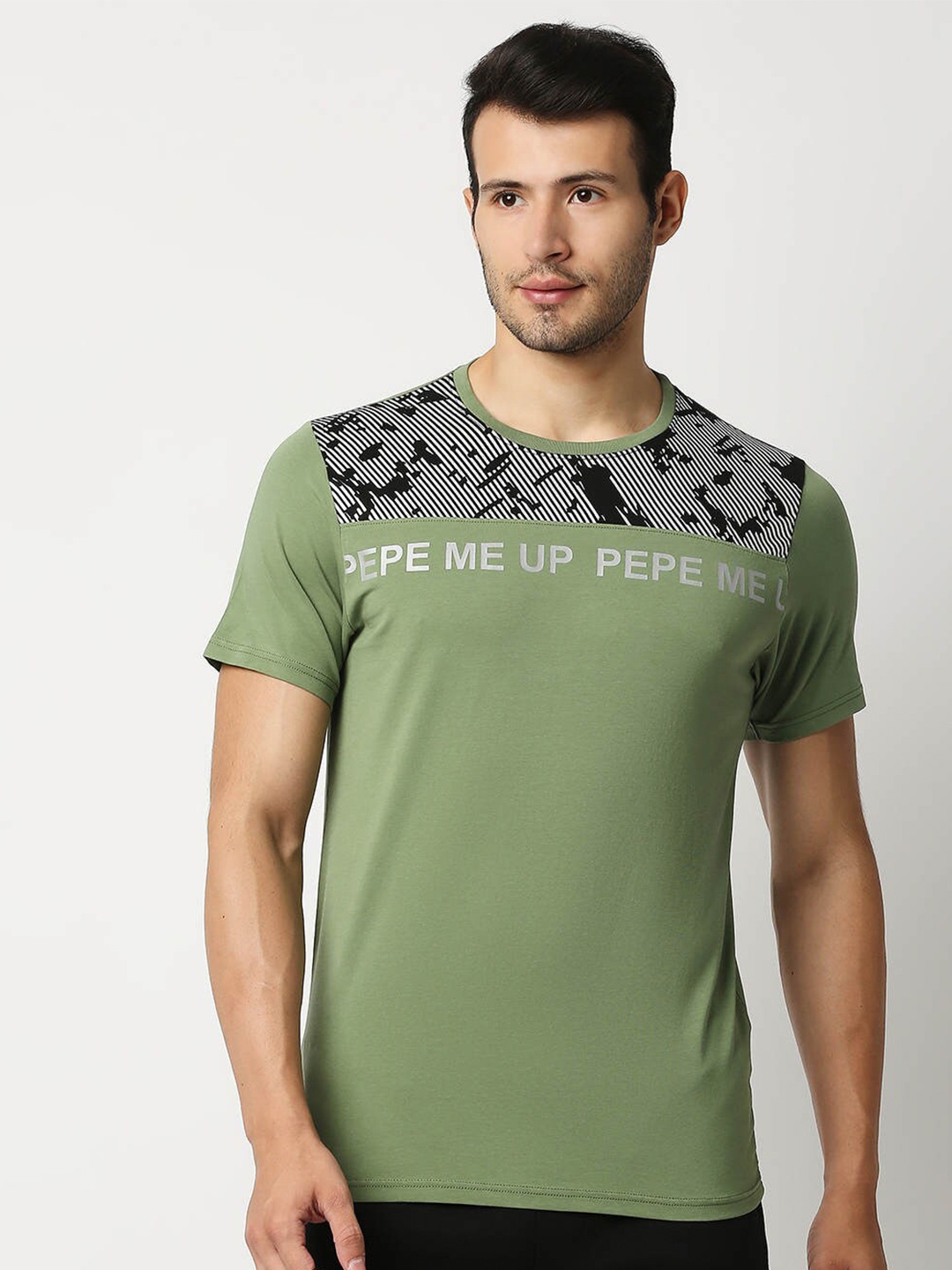 Pepe Jeans Men Olive Green Typography Printed Slim Fit T-shirt