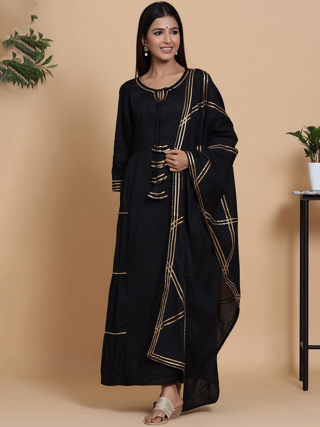 

mirari Black & Gold-Toned Embellished Ethnic Maxi Dress with Dupatta
